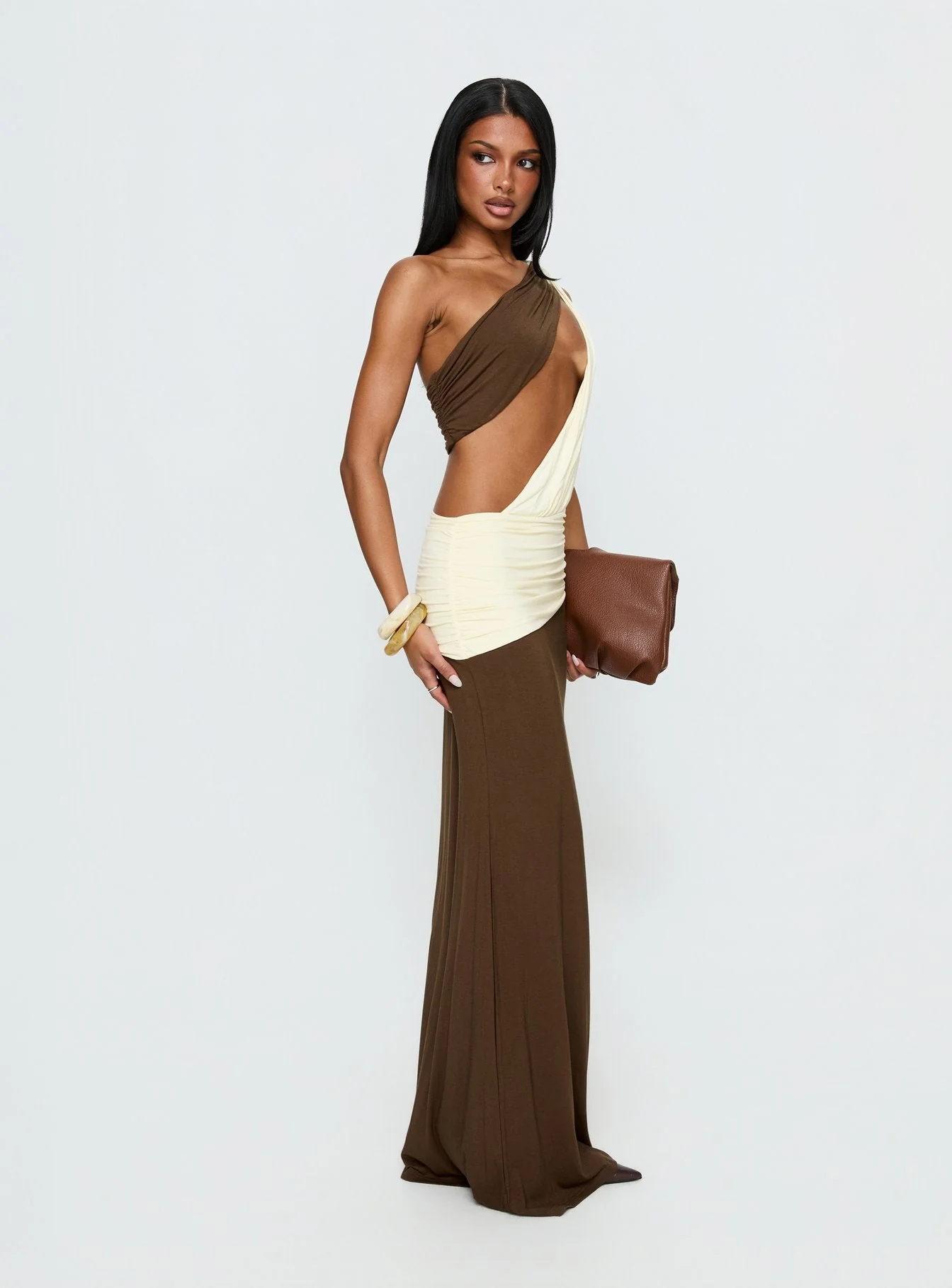 Loletta Draped One Shoulder Maxi Dress Chocolate / Yellow - Image 5