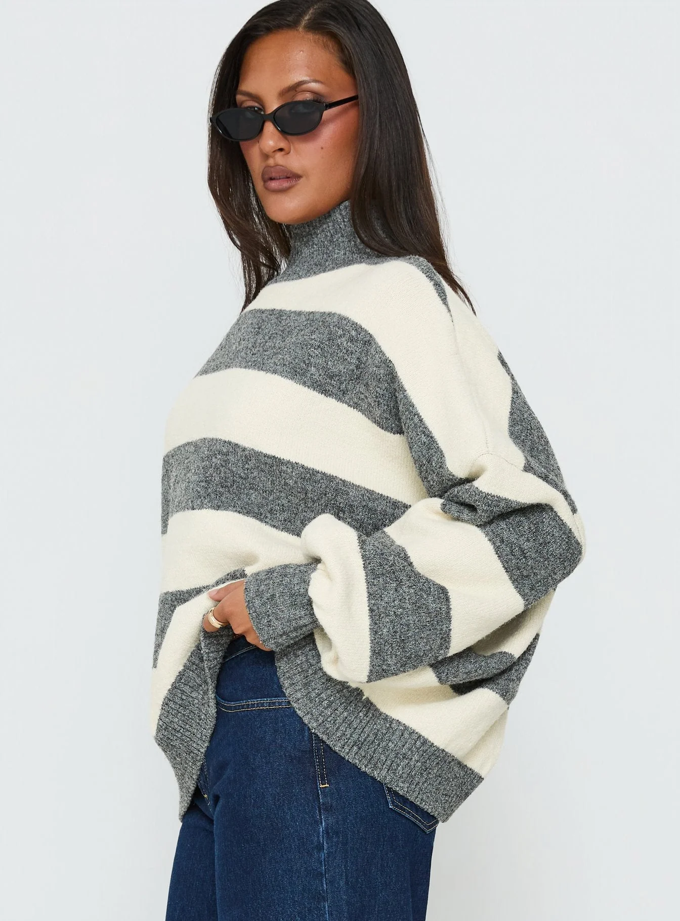 Longest Goodbye Slouchy Funnel Neck Oversized Knit Sweater Grey / Cream Stripe - Image 3