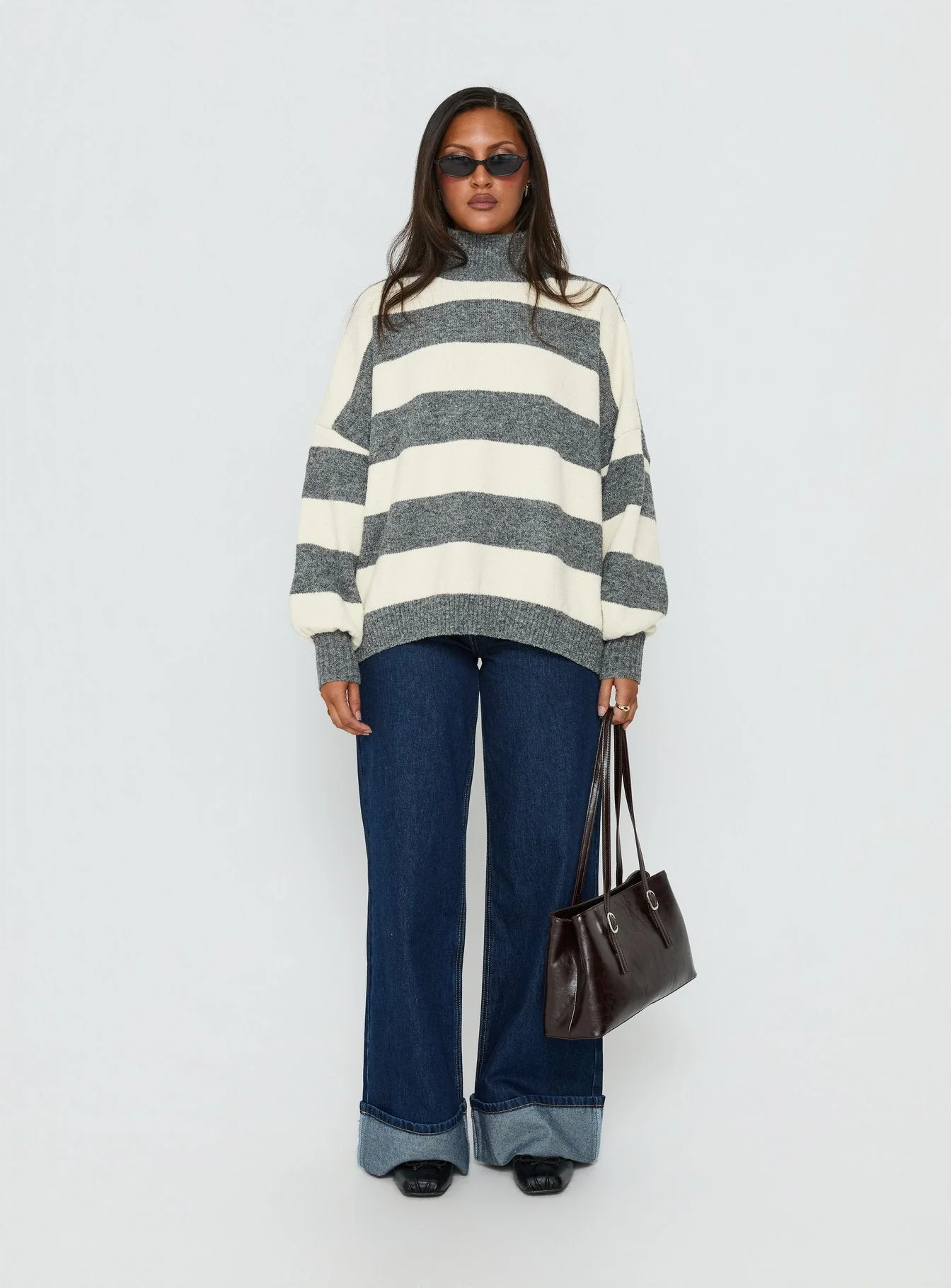 Longest Goodbye Slouchy Funnel Neck Oversized Knit Sweater Grey / Cream Stripe - Image 6