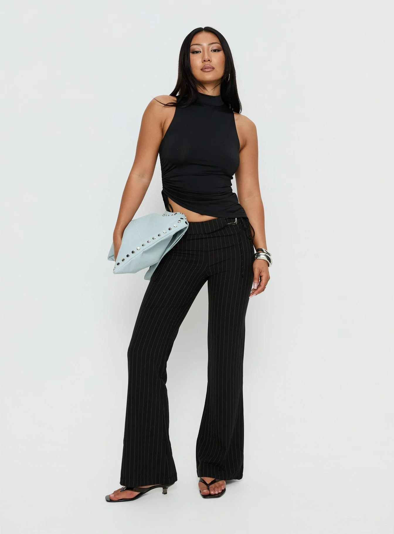Louder Please Tie Side Straight Leg Pants Black Pinstripe - Image 3