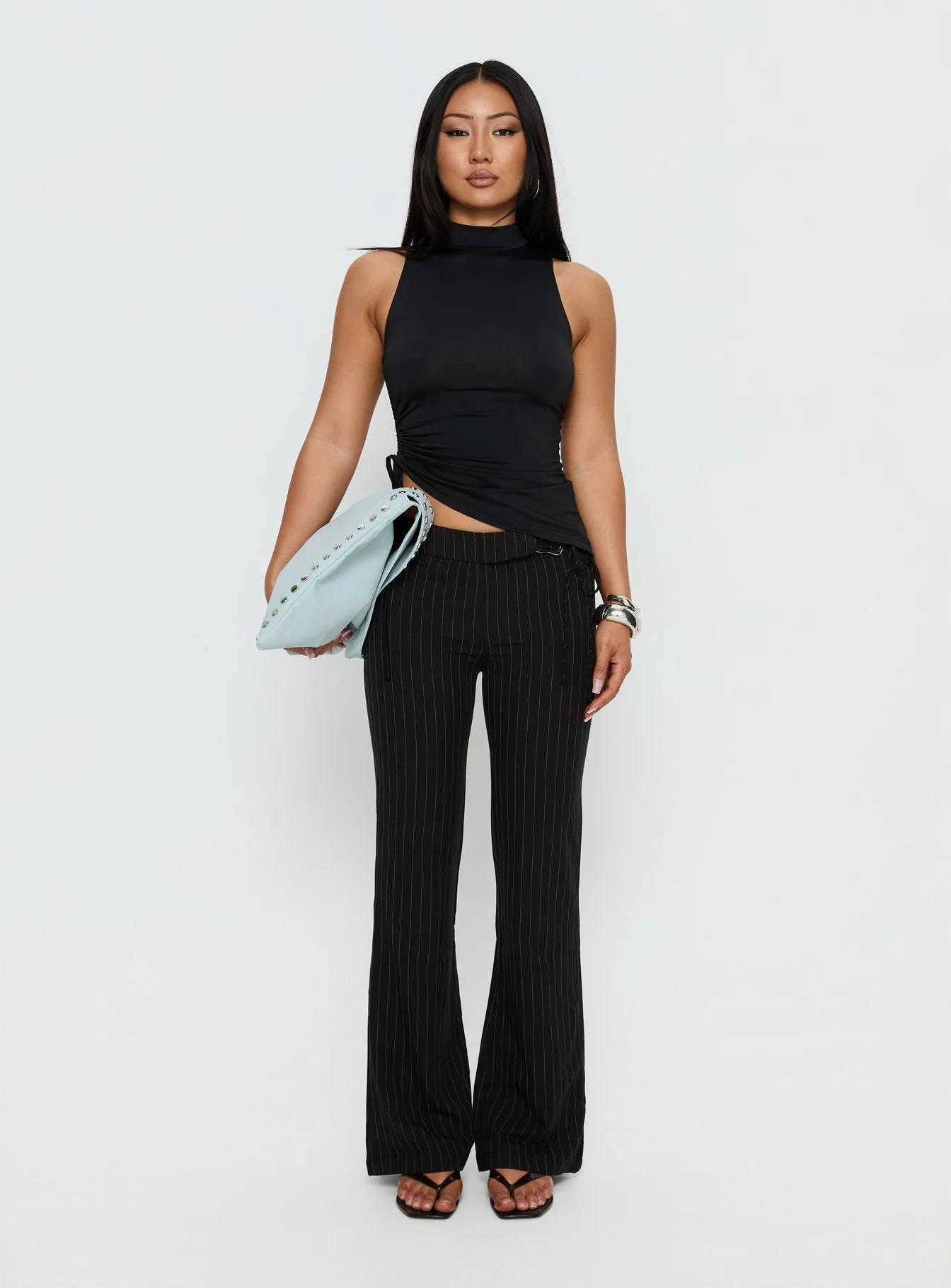 Louder Please Tie Side Straight Leg Pants Black Pinstripe - Image 7