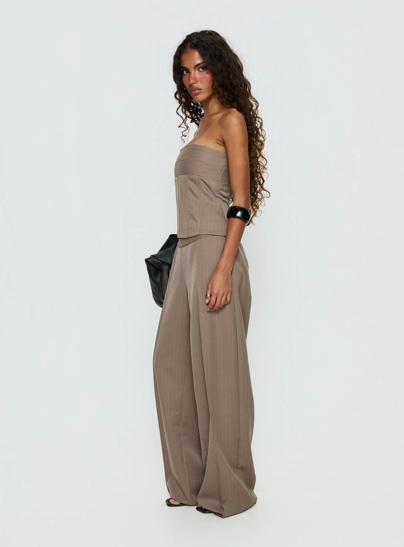 Madelle Strapless Tie Up Top Brown Pinstripe - Image 4