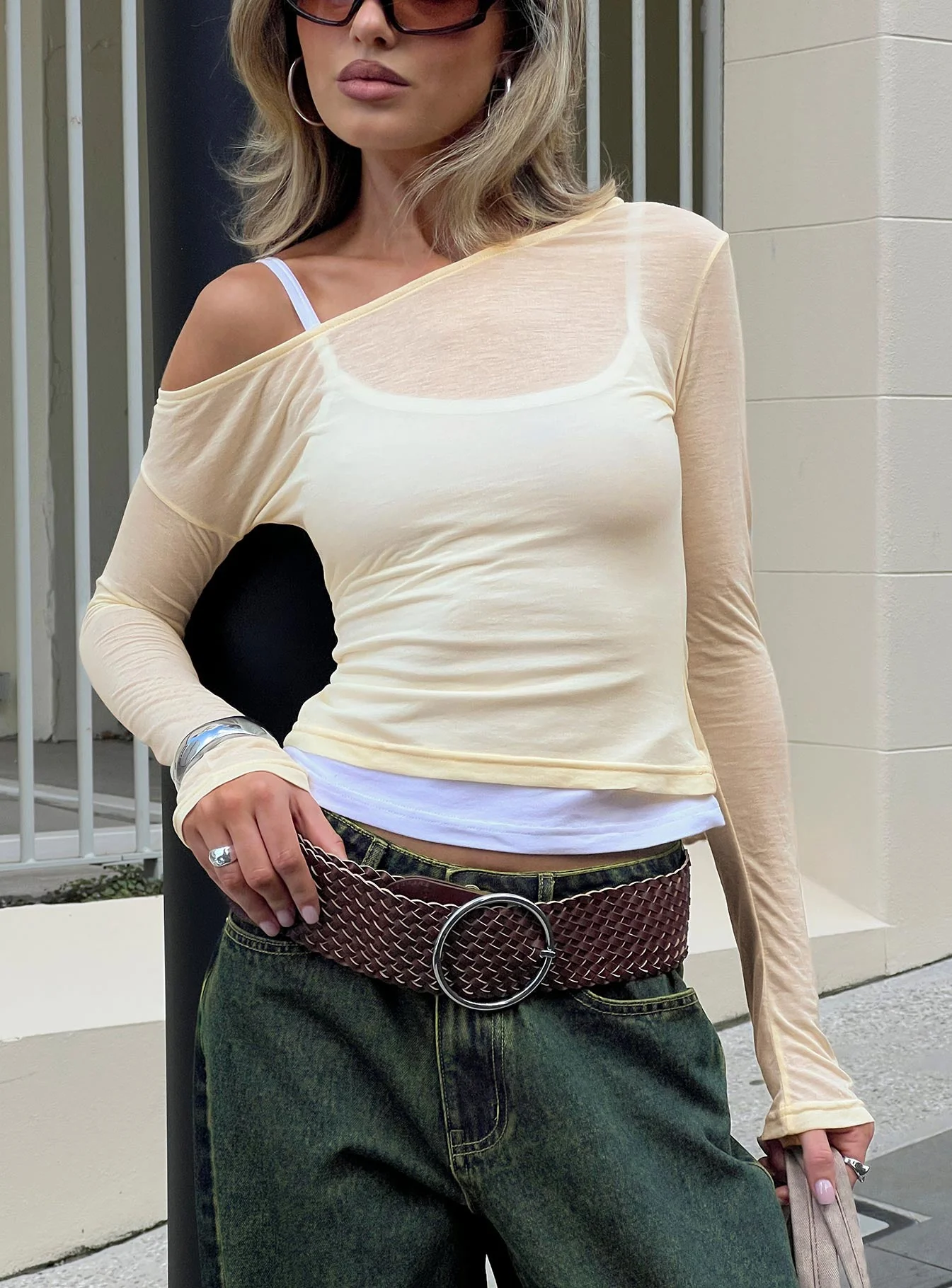 Maezie Off Shoulder Layered Long Sleeve Top Yellow / White - Image 9