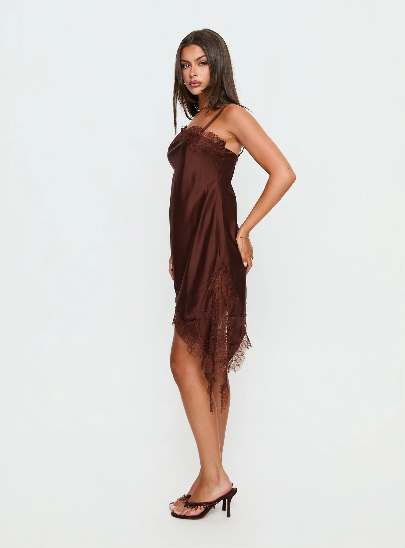 Malakhai Lace Asymmetrical Mini Dress Chocolate - Image 4