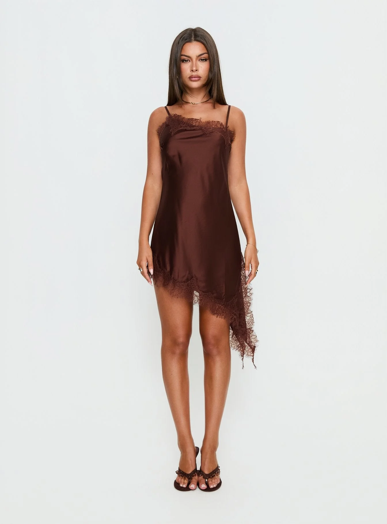 Malakhai Lace Asymmetrical Mini Dress Chocolate - Image 7