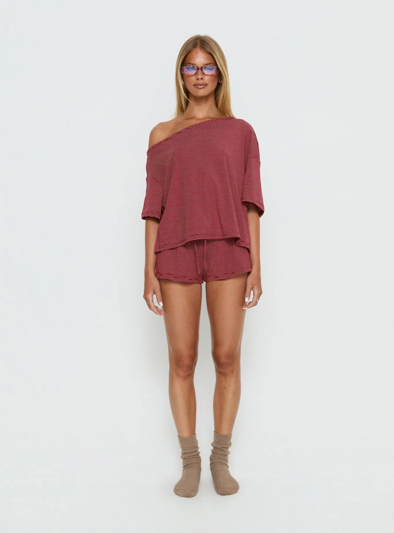 Sugar Surge Off Shoulder Sleep Top Cherry Stripe - Image 7