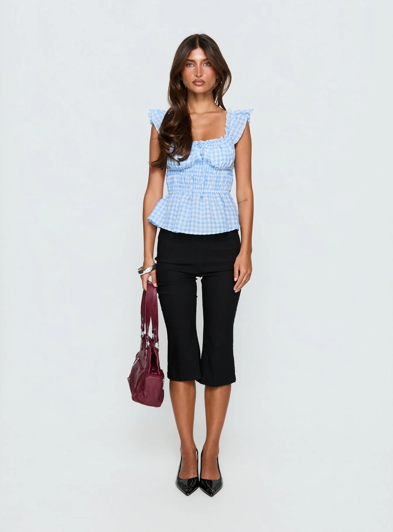 Marnee Babydoll Shirred Top Blue Gingham - Image 6