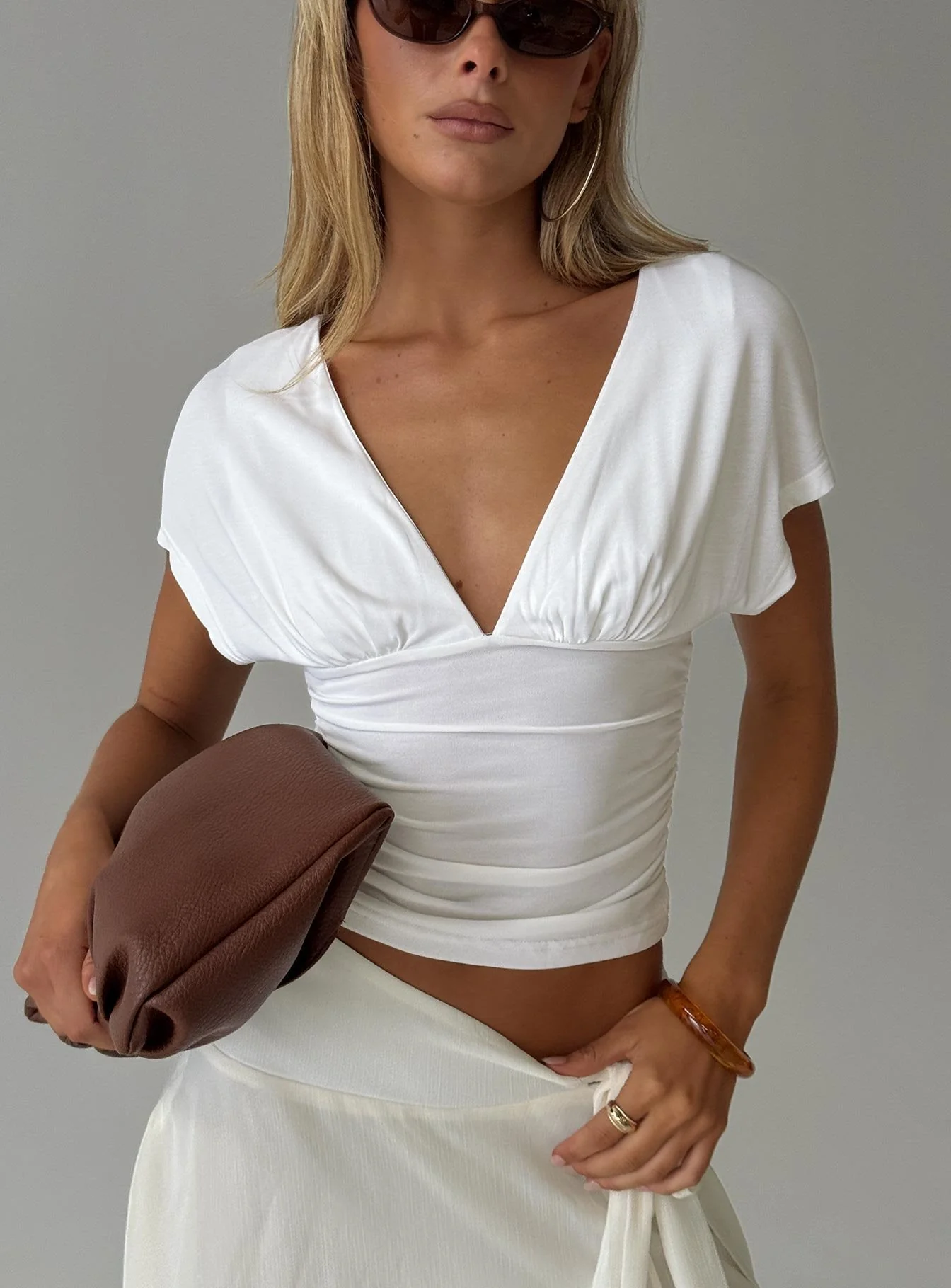 Mattey Cinched V Neck Top White - Image 8