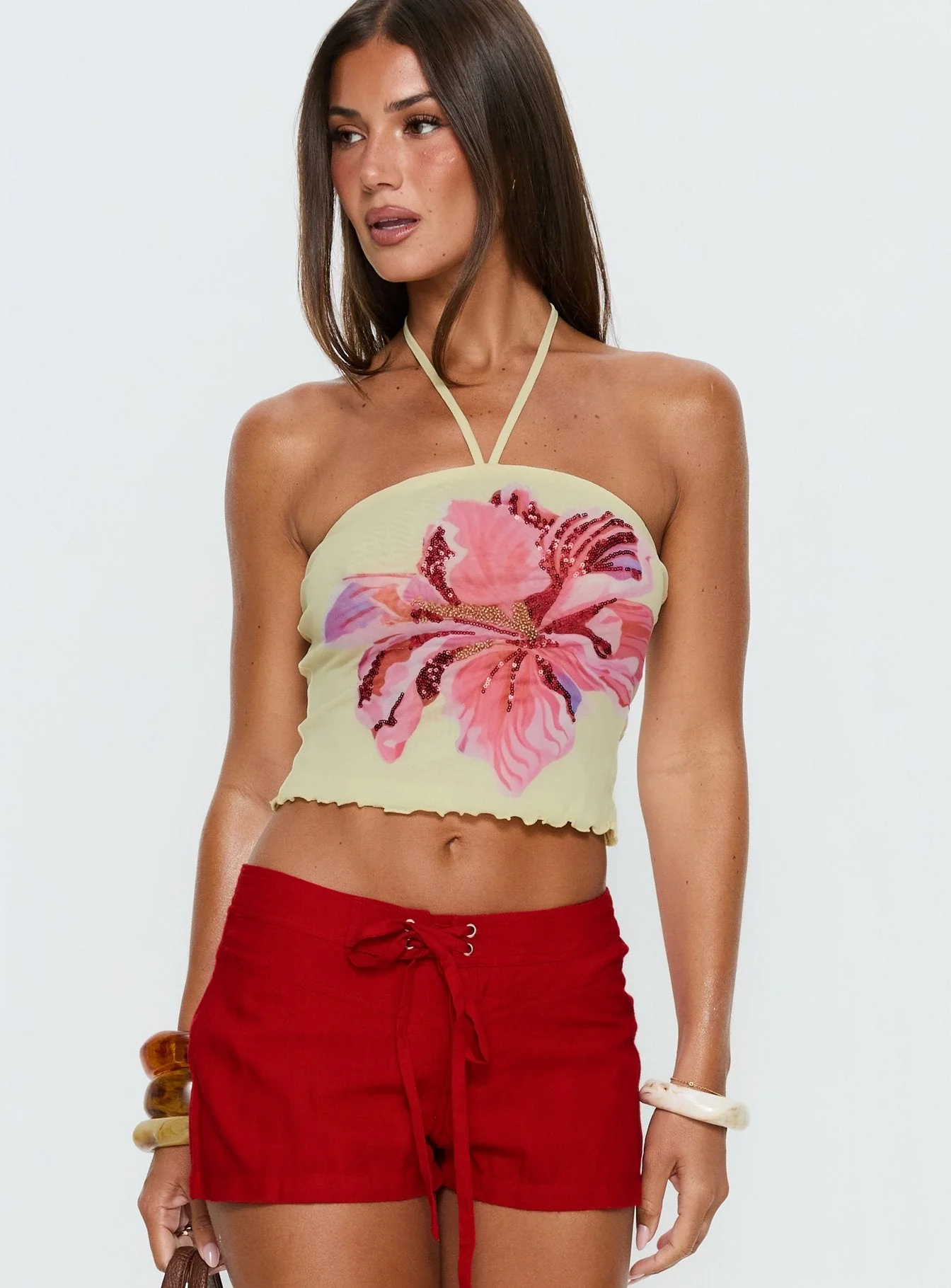 Maurissa Mesh Tie Neck Top Lemon Floral - Image 2