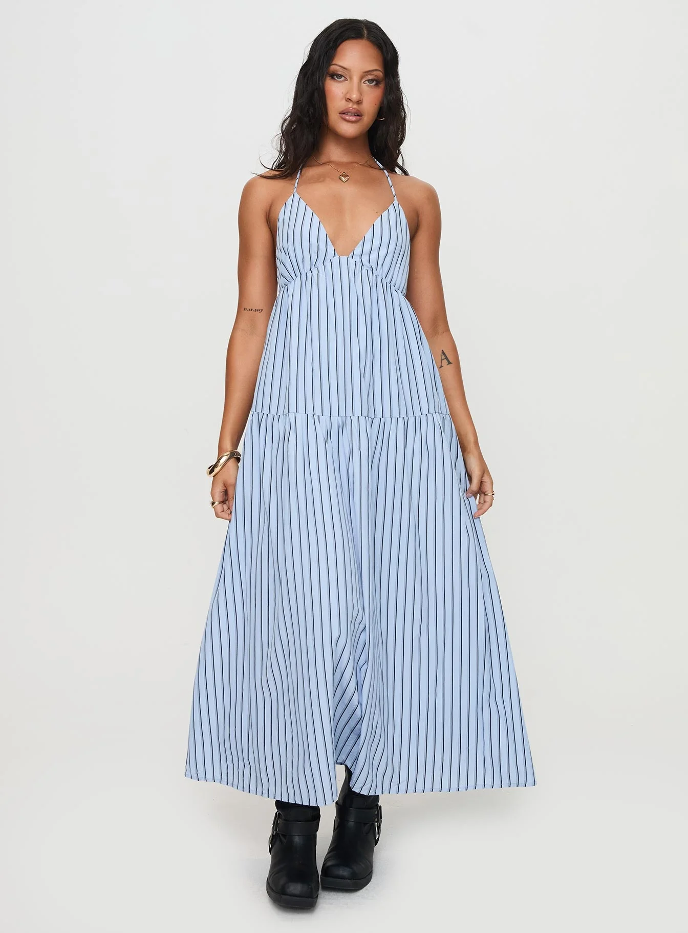 Mazzey Halter Maxi Dress Blue Stripe - Image 2