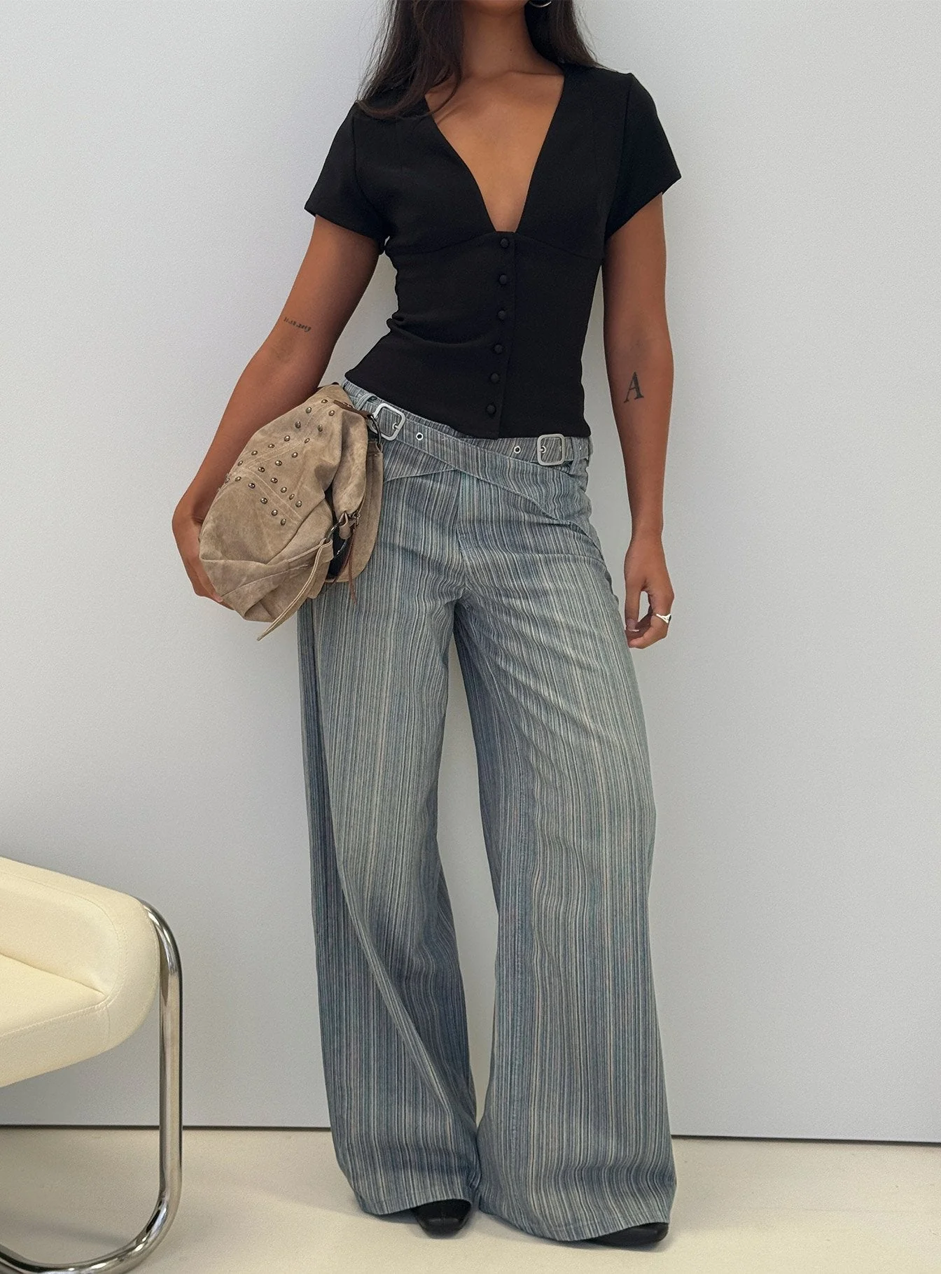 Mckinley Mid Rise Wide Leg Jeans Dark Blue Stripe