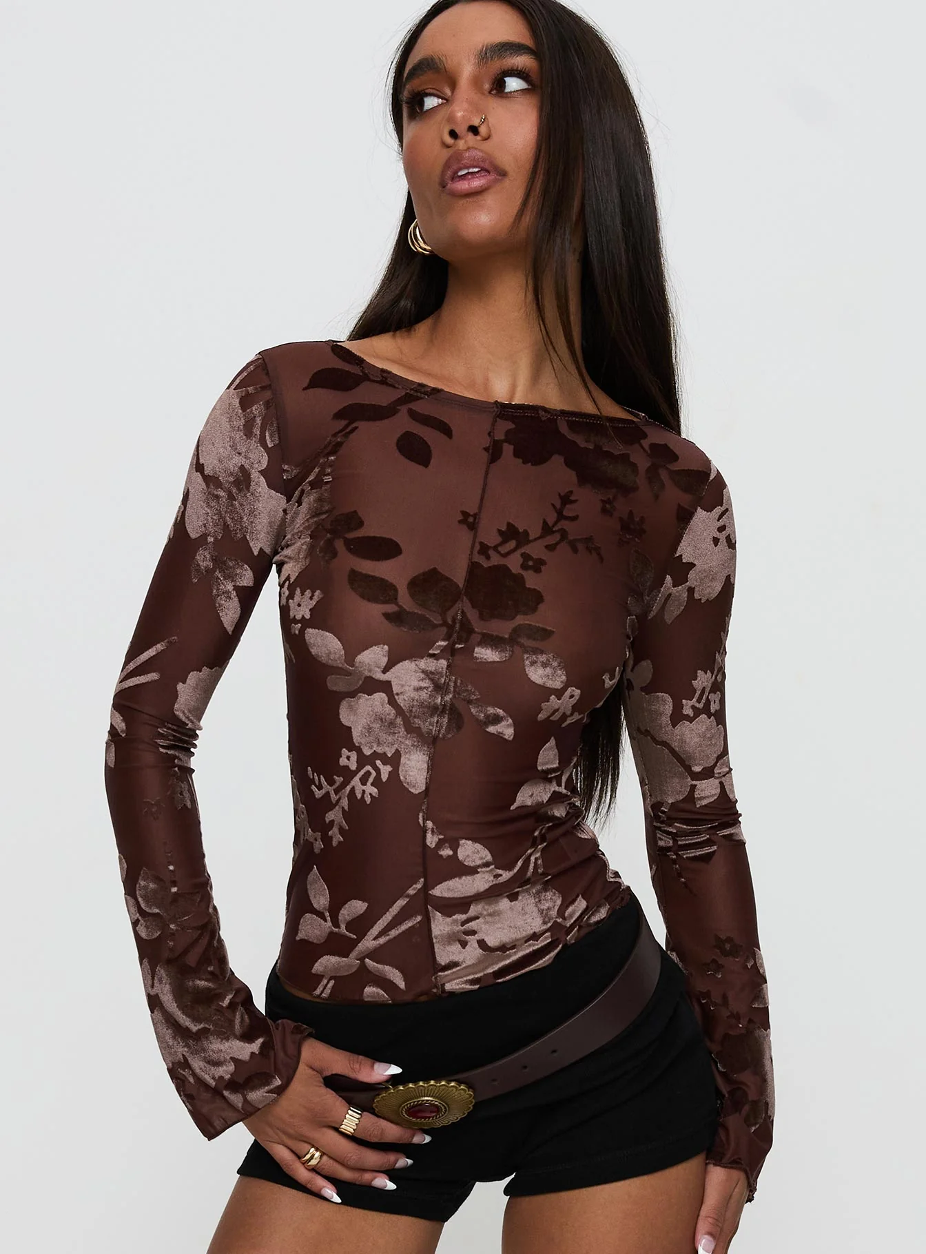 Meant To Be Mesh Long Sleeve Top Brown Floral - Image 2