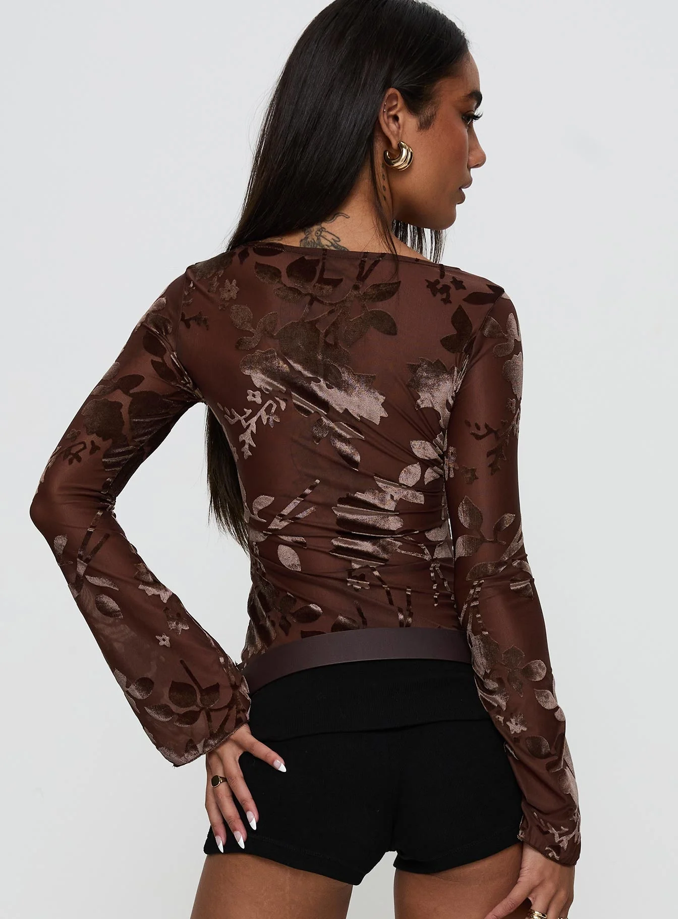 Meant To Be Mesh Long Sleeve Top Brown Floral - Image 5