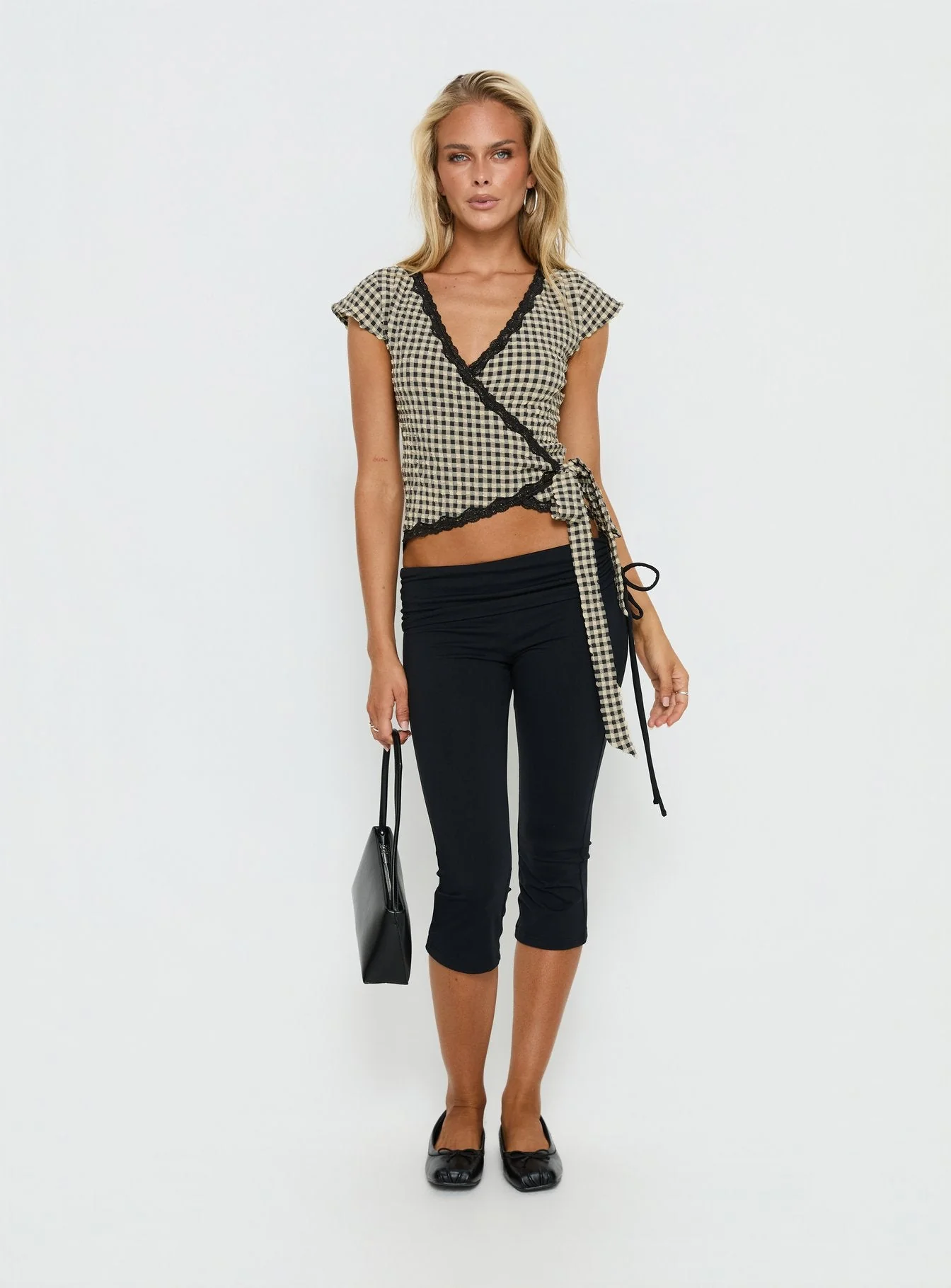 Meltwater Lace Trim Wrap Detail Top Black Check - Image 2