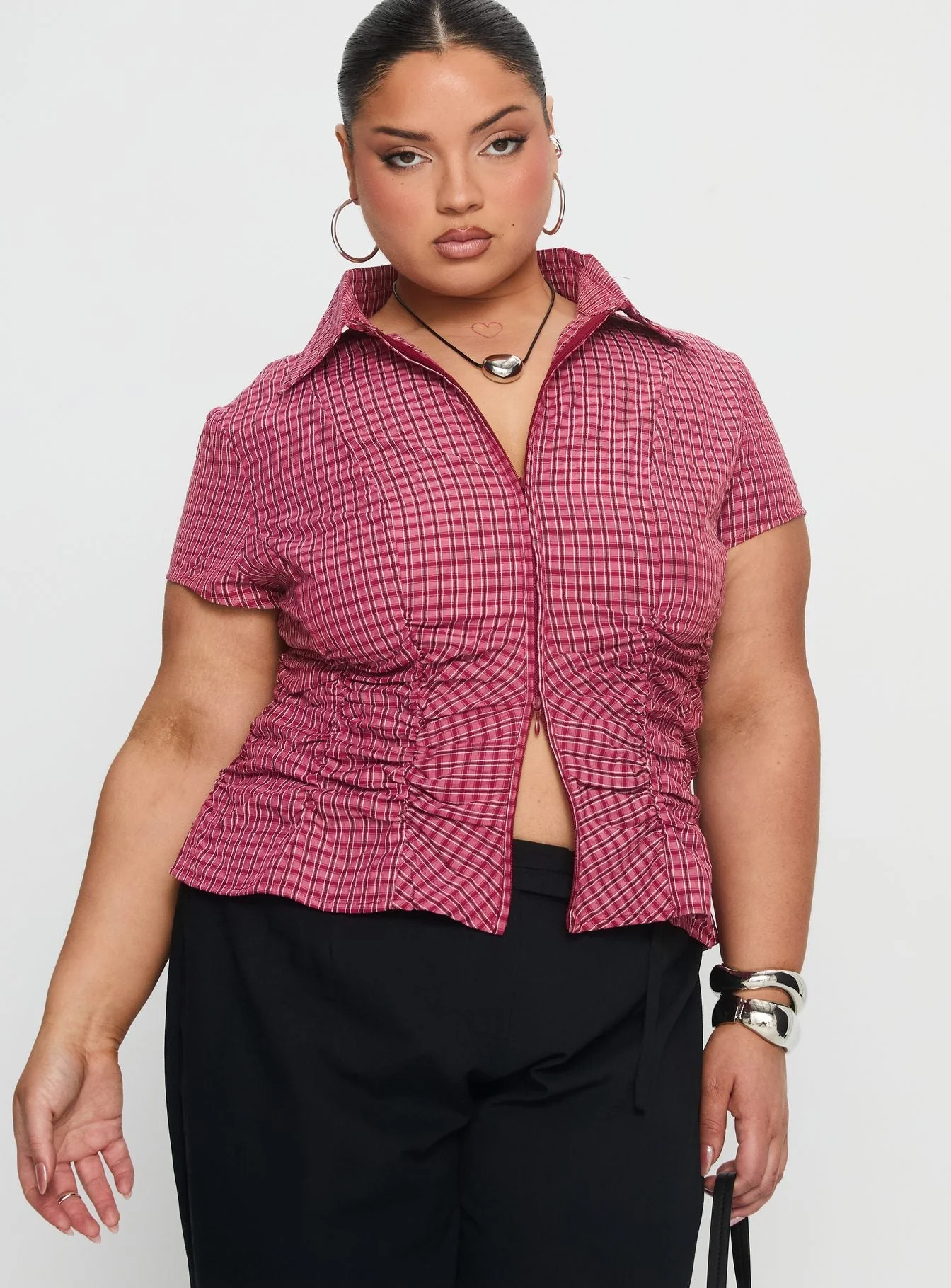 Meryn Ruched Top Red Check Curve - Image 2
