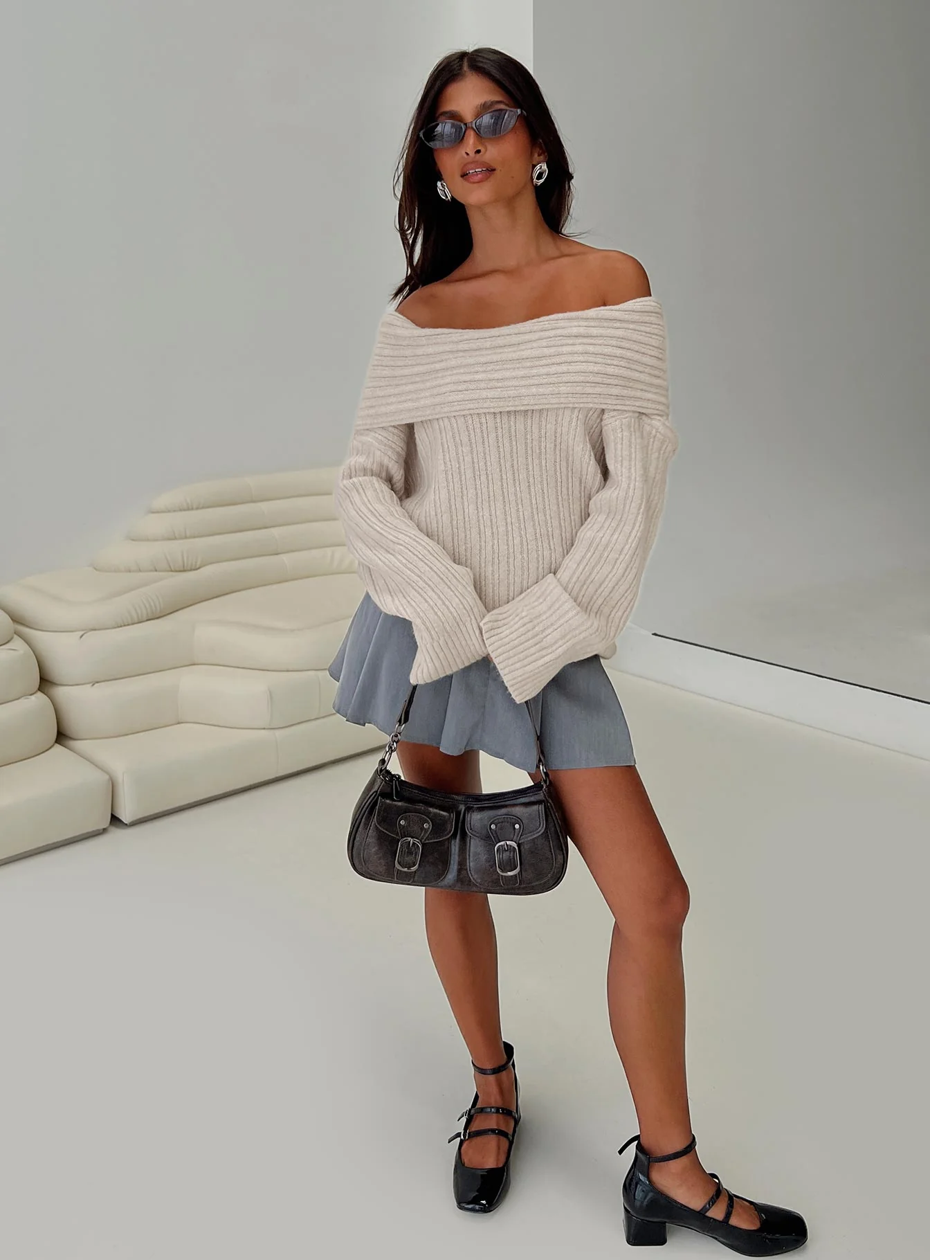 Mirrelle Off Shoulder Knit Sweater Beige - Image 9