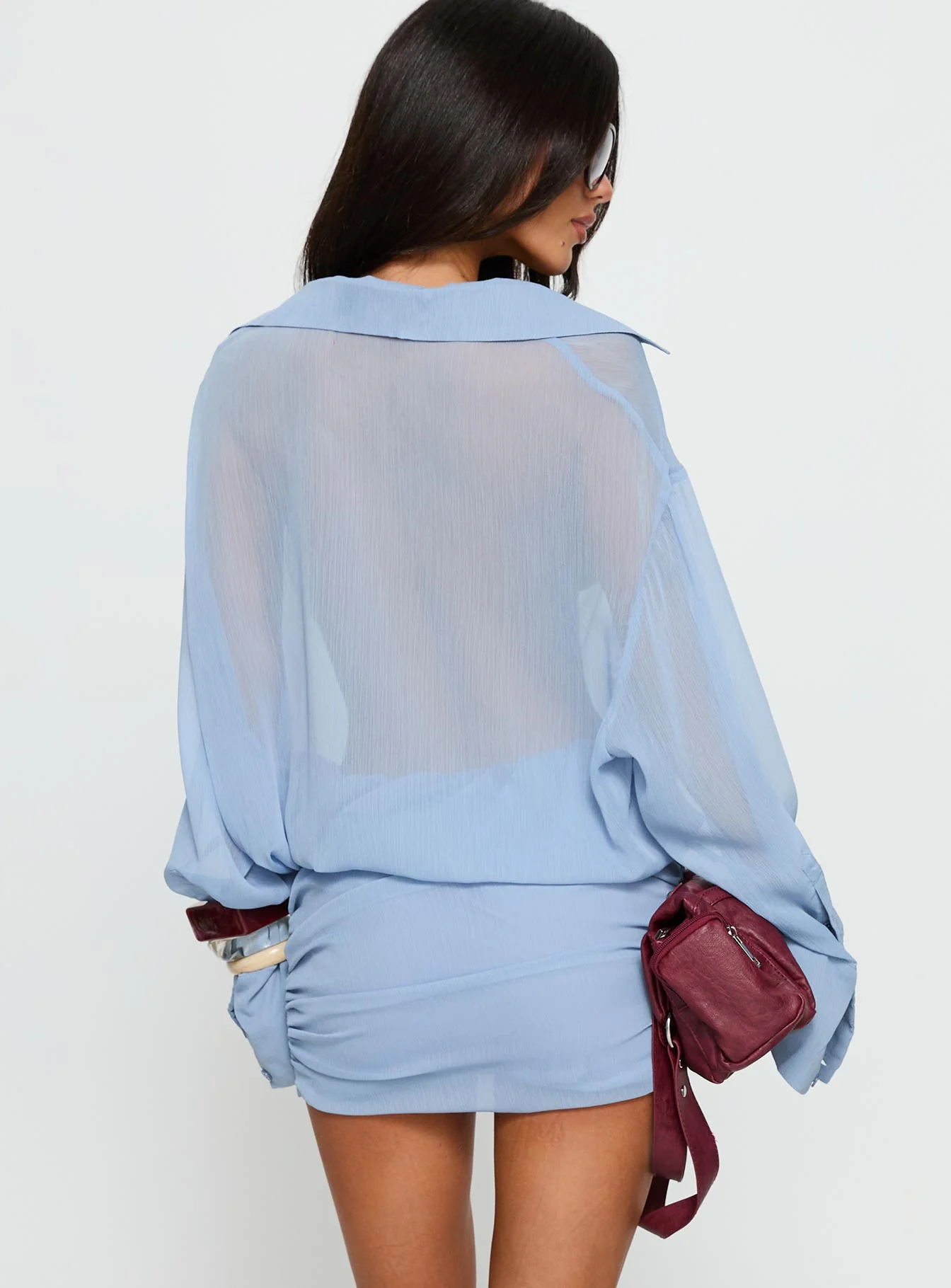 Moonrising Long Sleeve Sheer Blouson Mini Dress Blue - Image 5