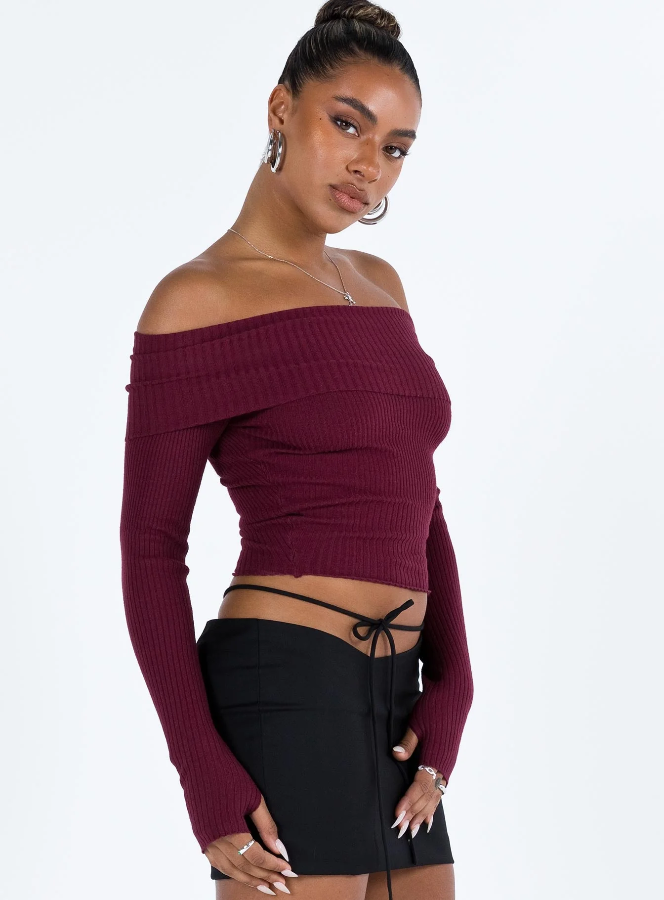 Morley Off Shoulder Sweater Burgundy - Image 4