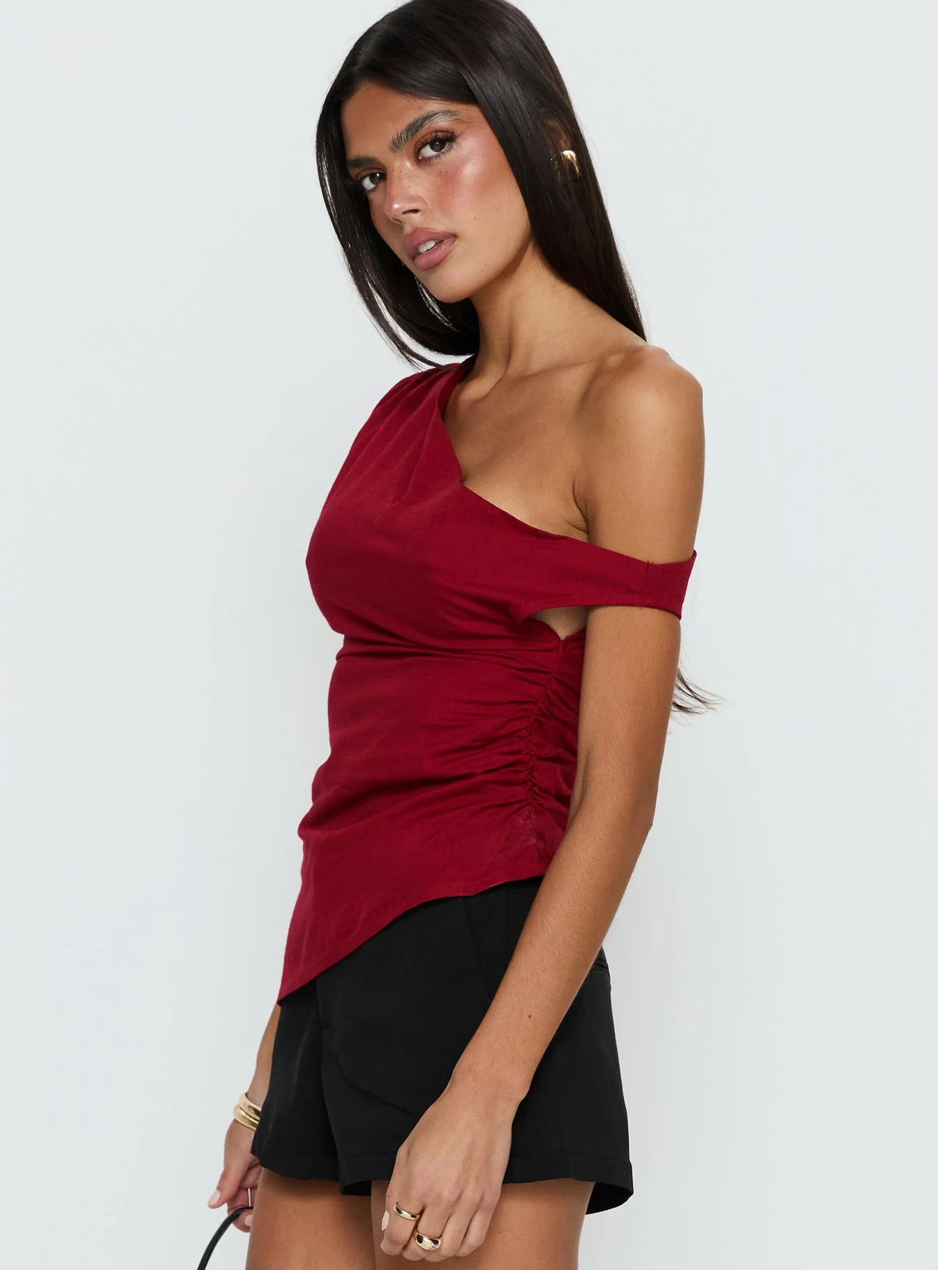 Kaylani One Shoulder Drape Top Burgundy - Image 3