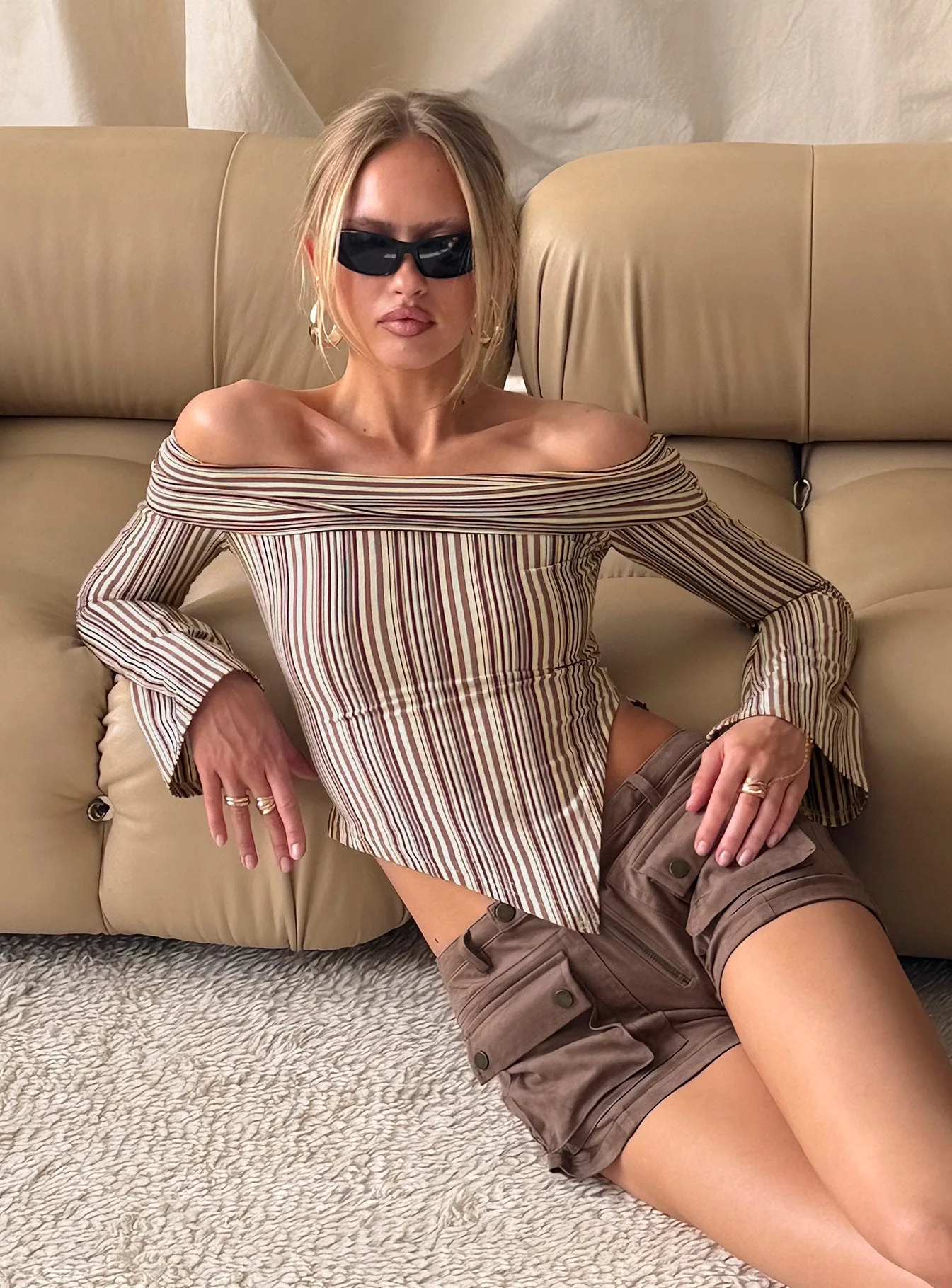Newbery Off Shoulder Asymmetrical Long Sleeve Top Stripe