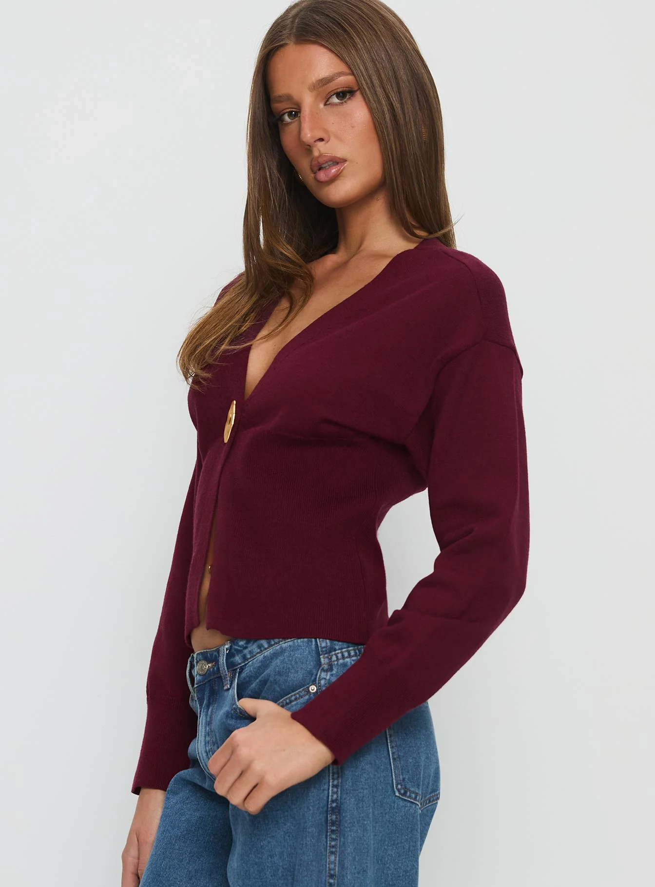 Nolie Hardware Detail Knit Cardigan Wine - Image 3