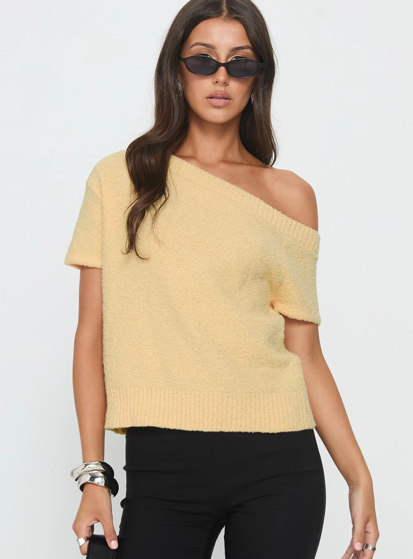 Nori Boucle Off Shoulder Slouchy Top Butter Yellow - Image 2