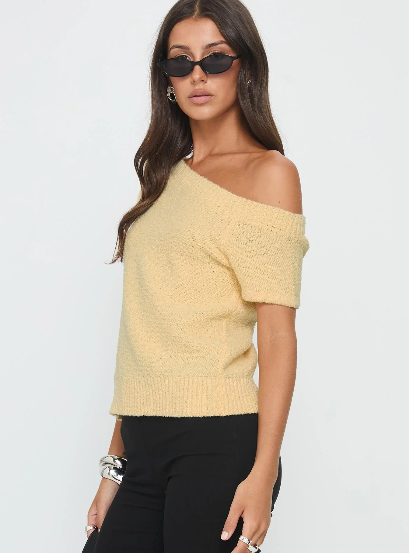 Nori Boucle Off Shoulder Slouchy Top Butter Yellow - Image 4