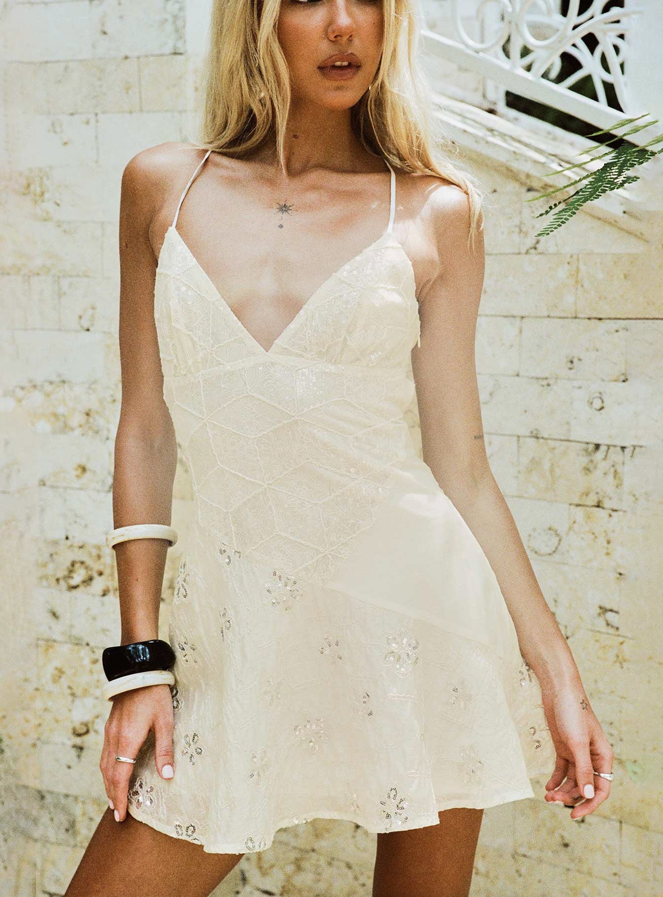 Odelinda Patchwork V Neck Mini Dress Cream Sequin - Image 8