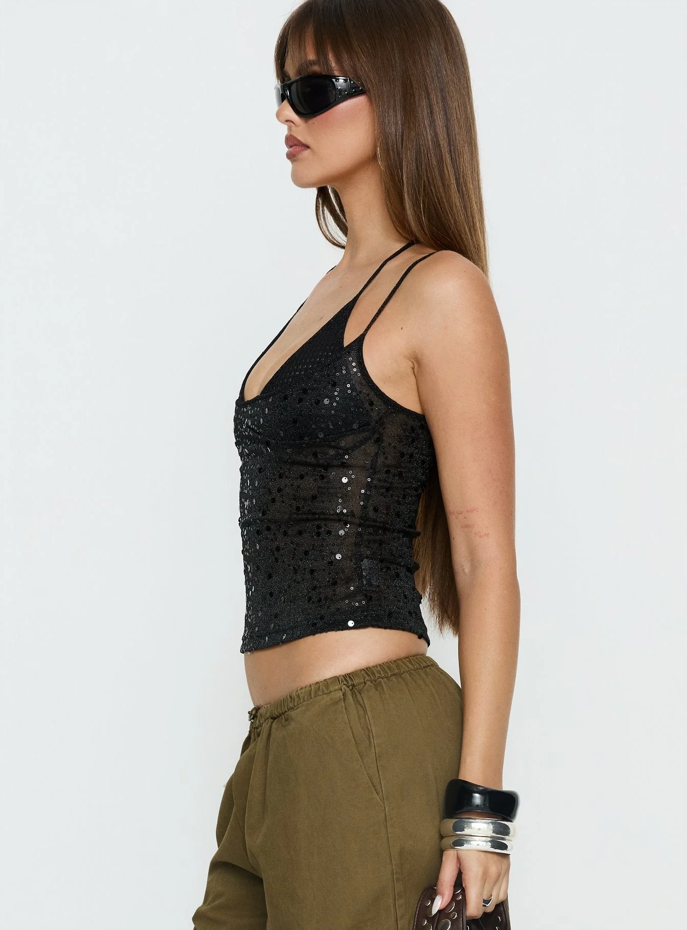 Odena Layered Sequin Cami Top Black - Image 4
