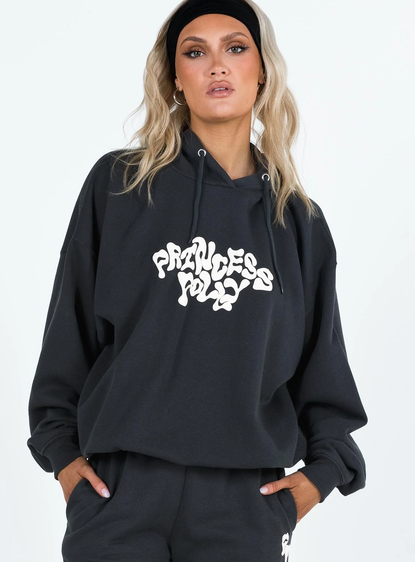Princess Polly Hooded Sweatshirt Squiggle Text Black Sand / Eggshell - Image 2
