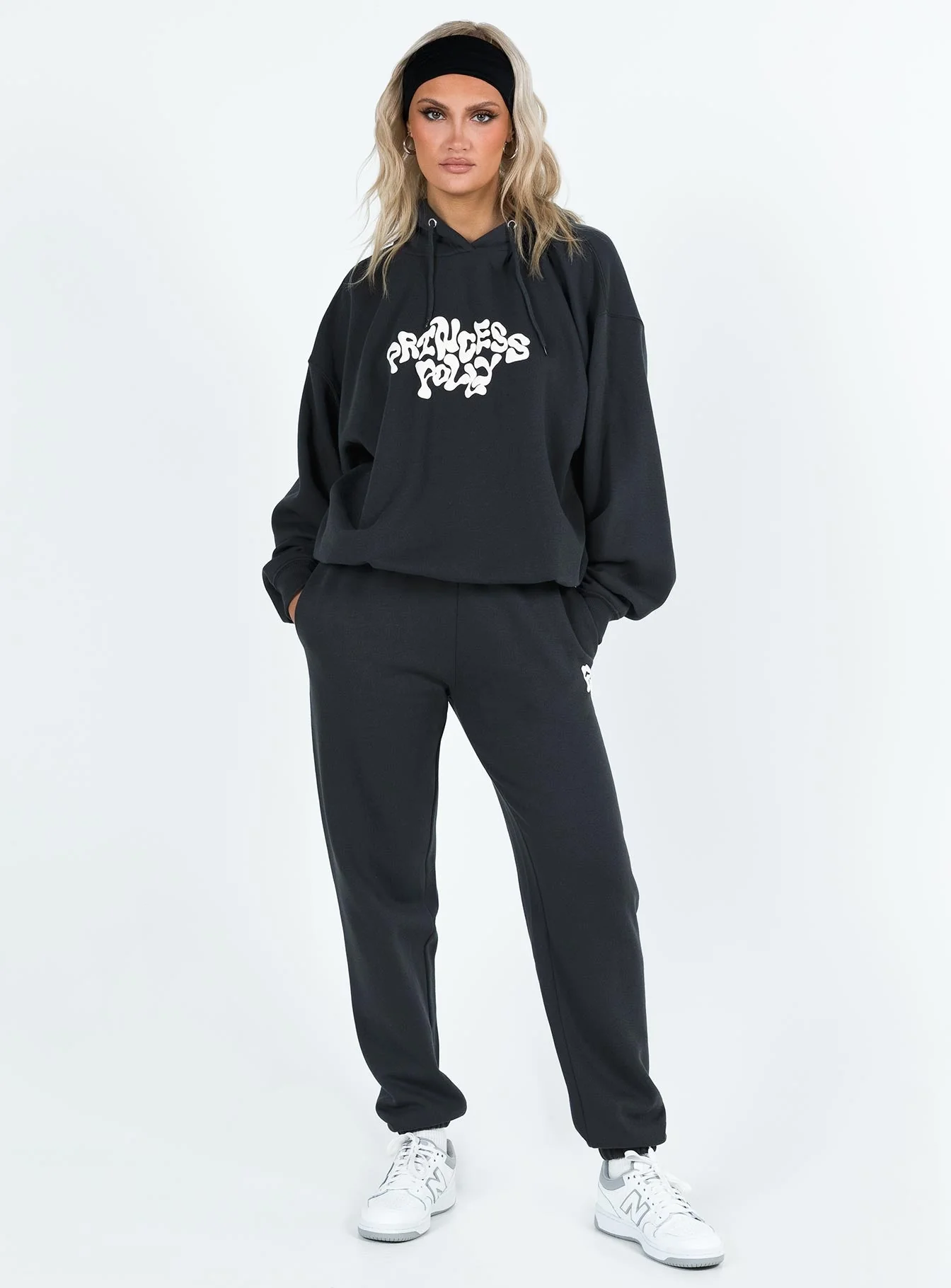 Princess Polly Hooded Sweatshirt Squiggle Text Black Sand / Eggshell - Image 3