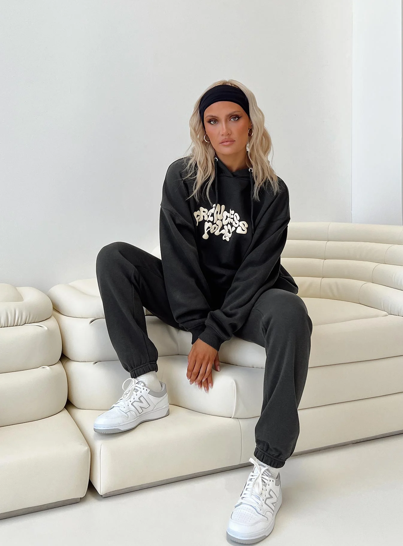 Princess Polly Hooded Sweatshirt Squiggle Text Black Sand / Eggshell - Image 8