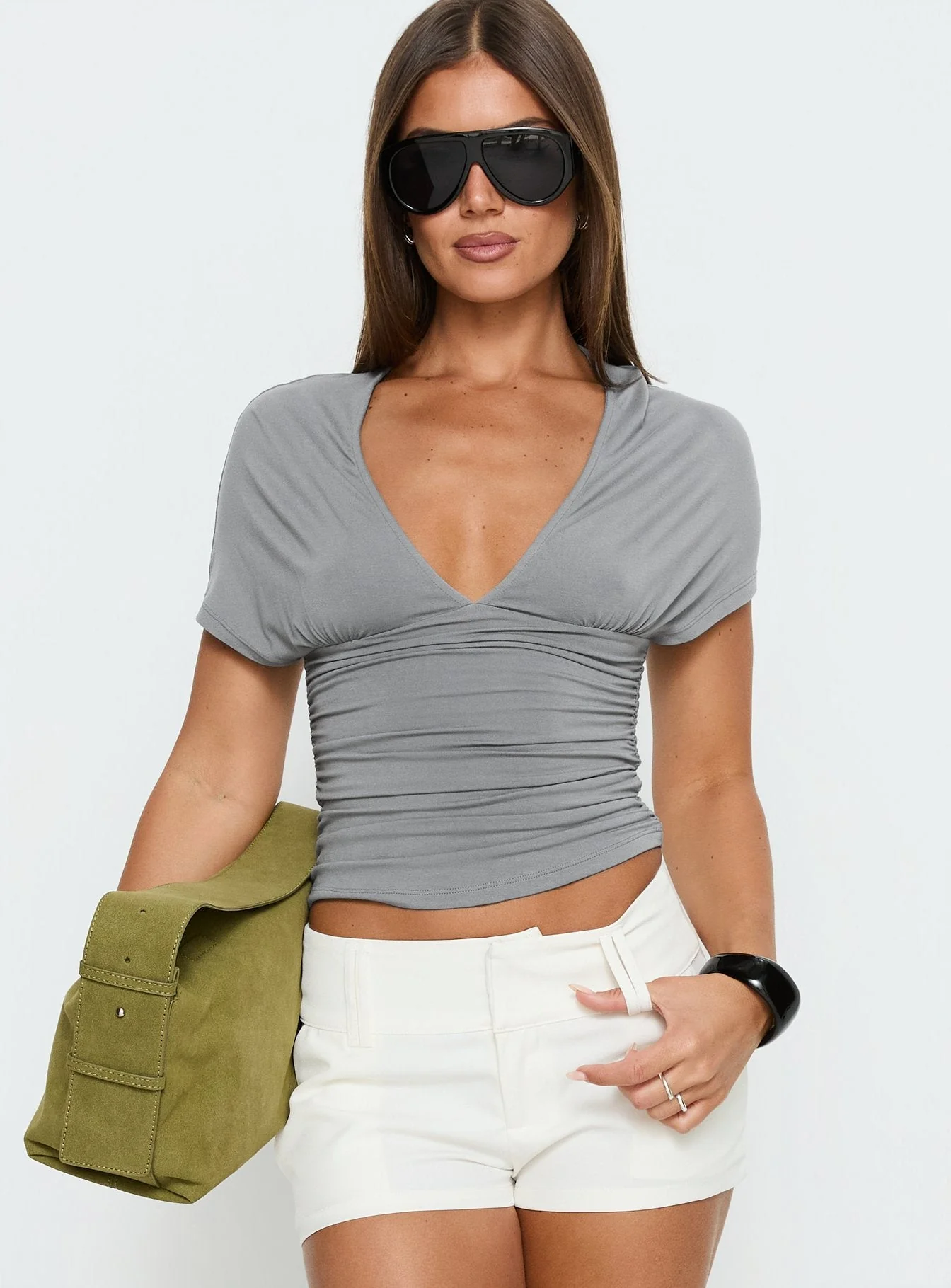 Osari Ruched Short Sleeve Jersey Top Grey - Image 2