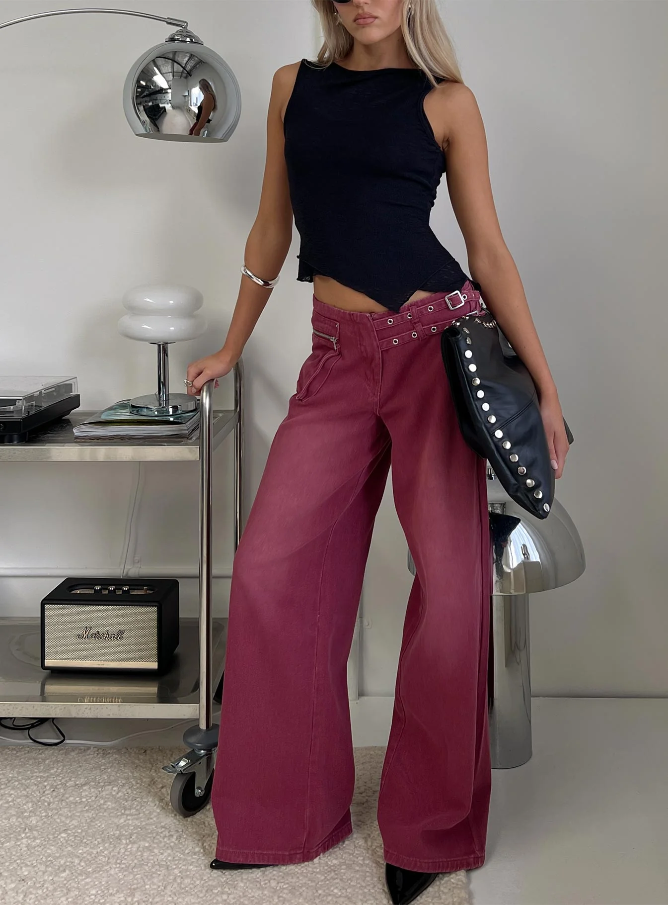 Paltrow Mid Rise Wide Leg Cargo Jeans Washed Burgundy