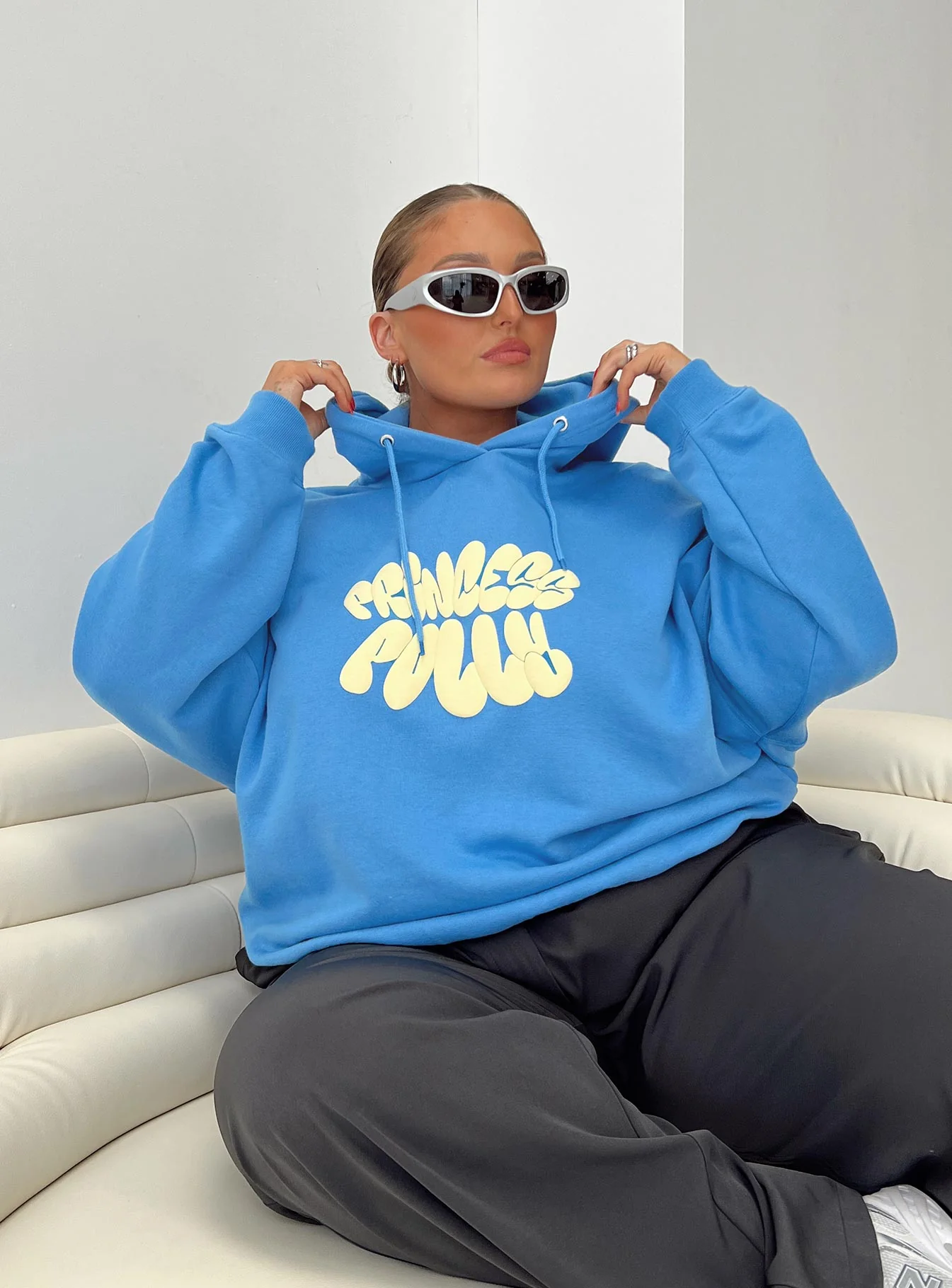 Princess Polly Hooded Sweatshirt Bubble Text Blue / Yellow Curve