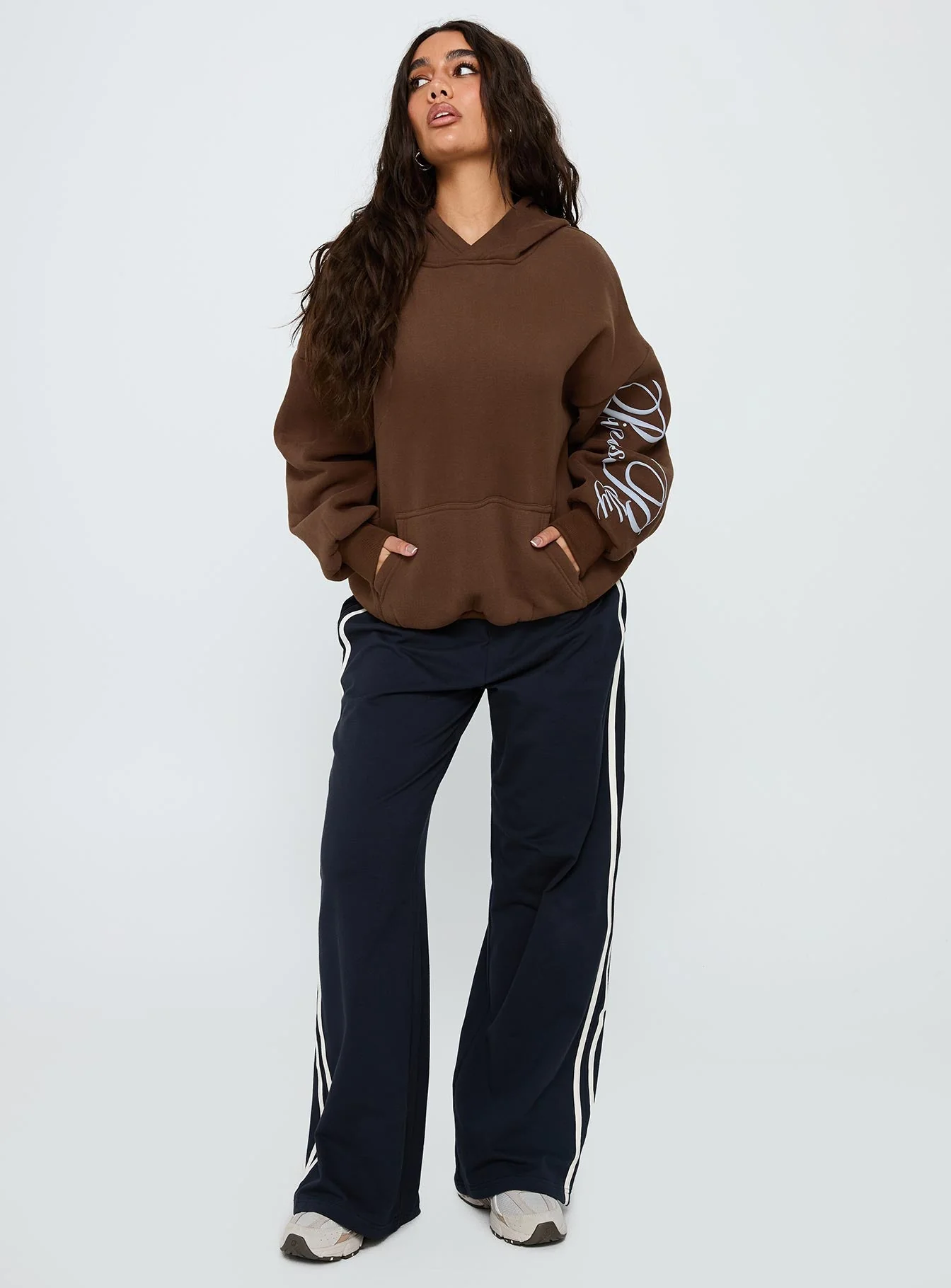 Princess Polly Script Text Graphic Hoodie Brown / Blue - Image 3