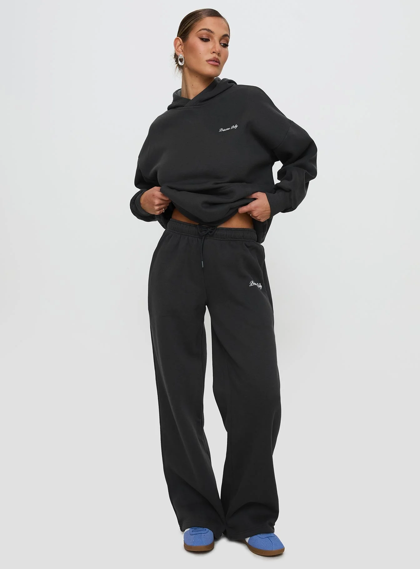 Princess Polly Wide Leg Track Pant Bubble Script Charcoal - Image 2