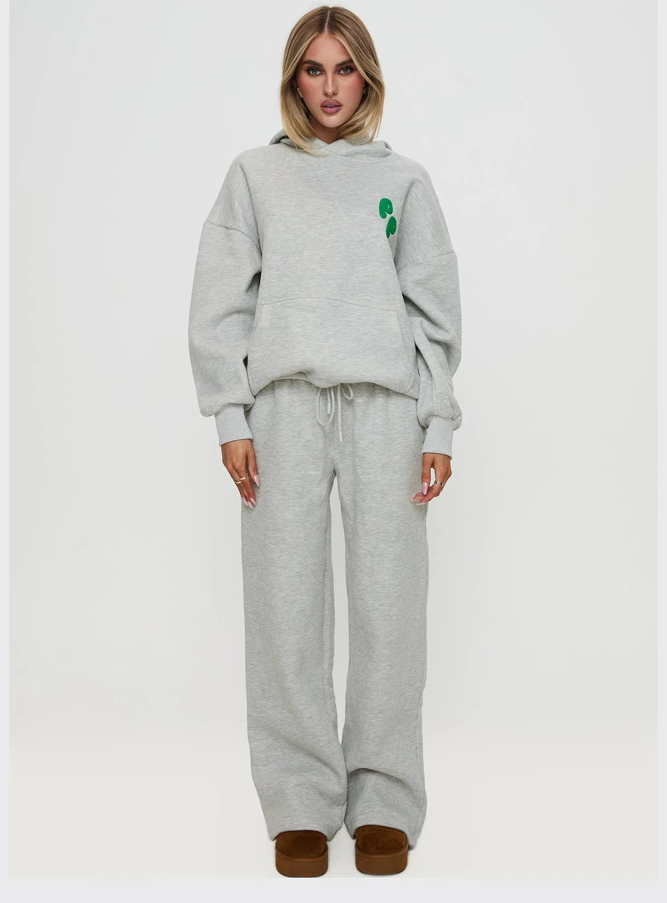 Princess Polly Wide Leg Track Pant Bubble Text Grey Marle / Green - Image 6