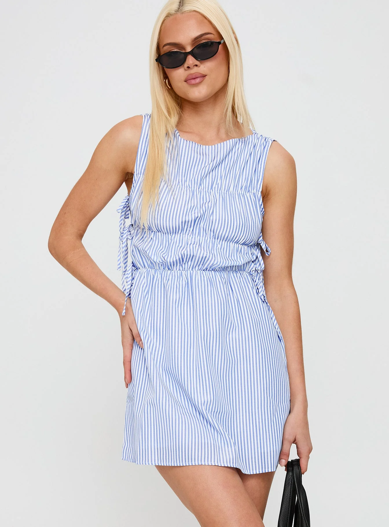 Priscille Shirred Mini Dress Blue Stripe - Image 2