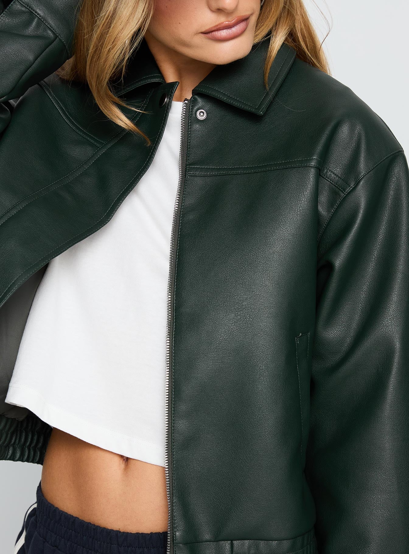 Privilege Faux Leather Bomber Jacket Green - Image 5