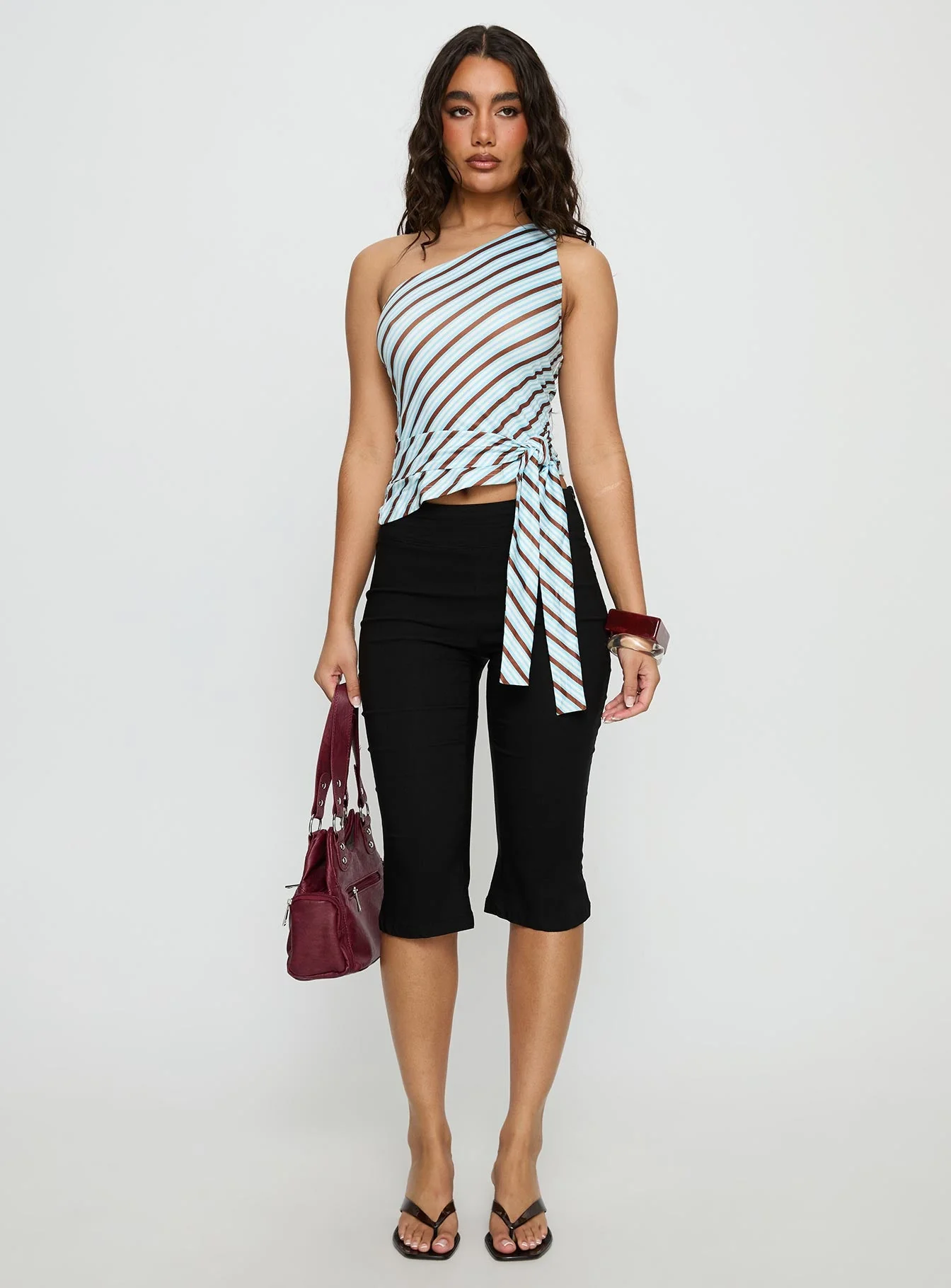 Ranae One Shoulder Tie Detail Top Blue Stripe - Image 7