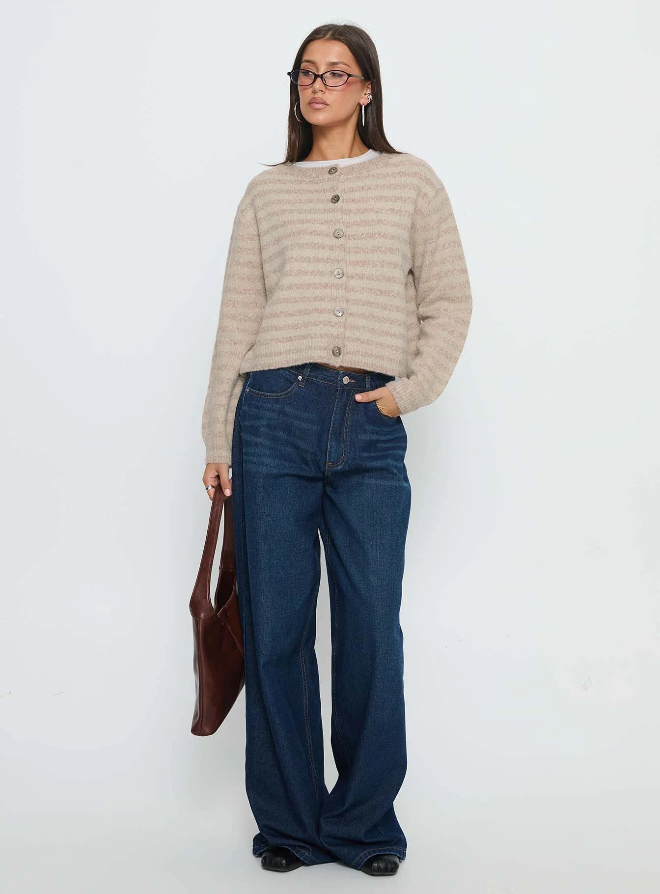 Raynna Button Up Cardigan Beige Stripe - Image 3