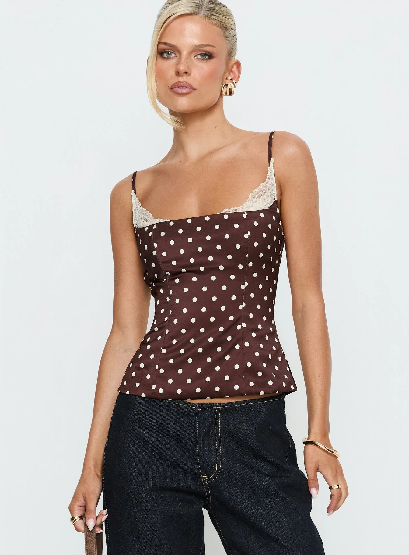 Renaissance Corset Lace Top Brown Polka - Image 2