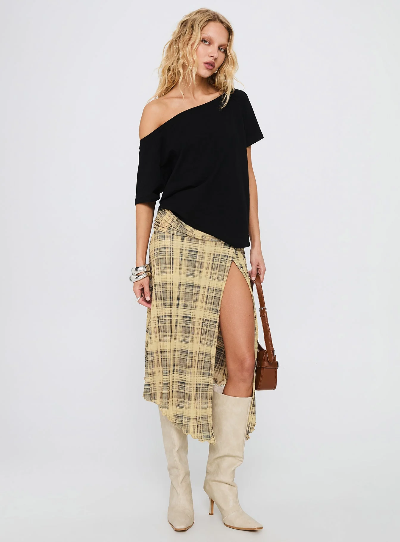 Rhaina Draped Asymmetrical Midi Skirt Yellow Check - Image 3