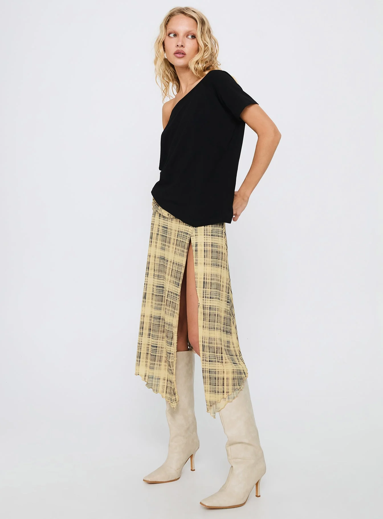 Rhaina Draped Asymmetrical Midi Skirt Yellow Check - Image 4