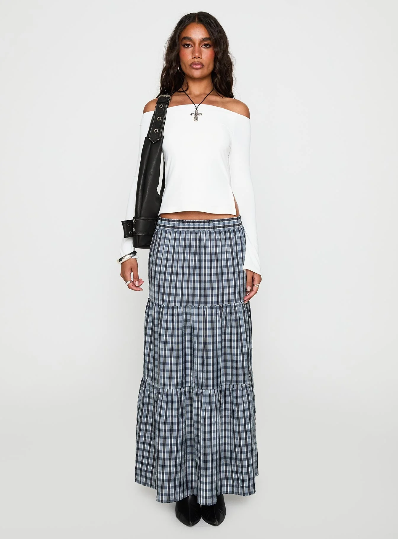 Rockwell Tiered Midi Skirt Navy Check - Image 7