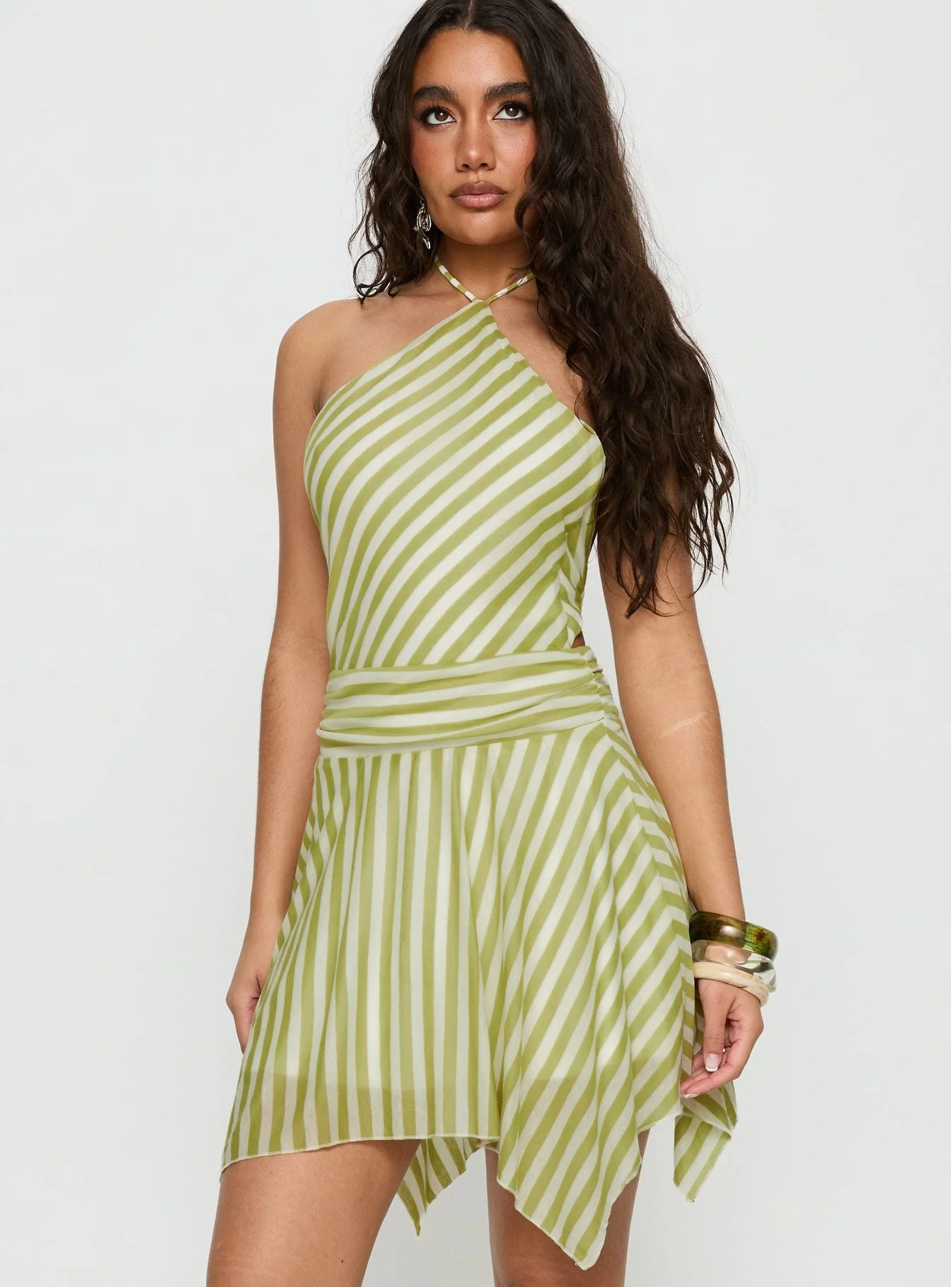 Sadana Arrowhead Asymmetrical Mini Dress Green Stripe - Image 2
