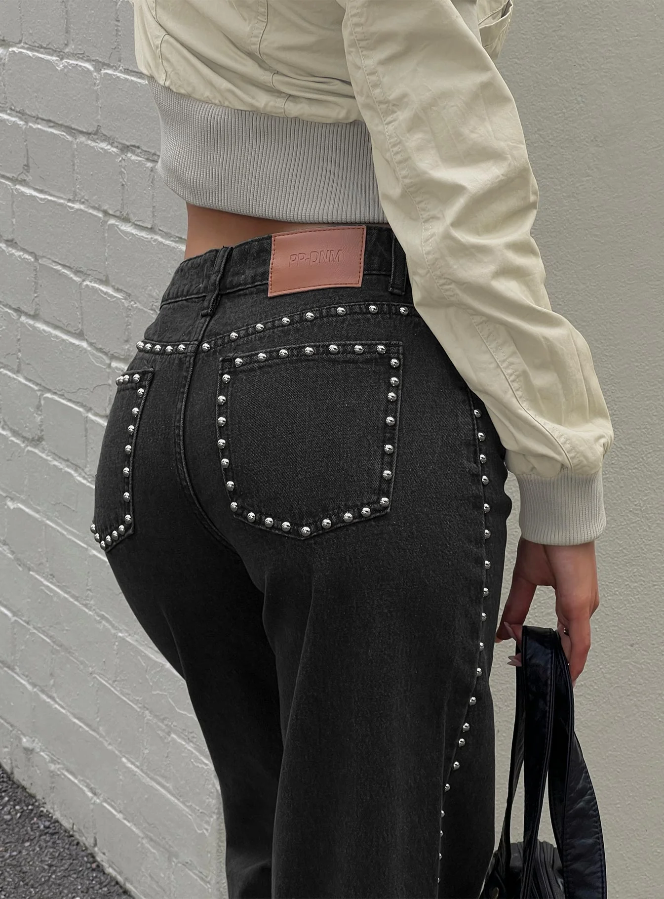 Saving Up Mid Rise Straight Leg Studded Jeans Jet Black - Image 9