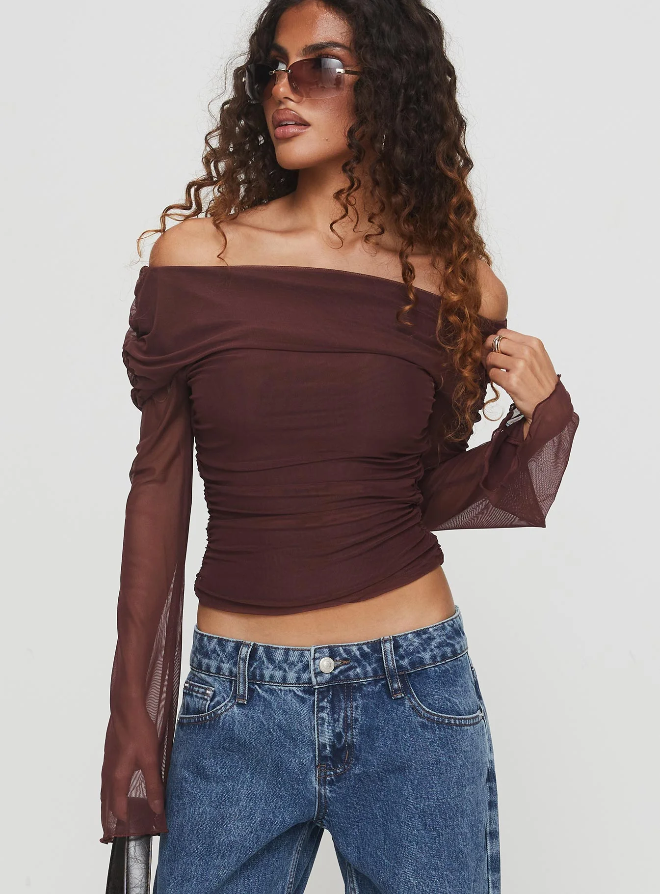Serenah Mesh Off The Shoulder Top Brown - Image 2