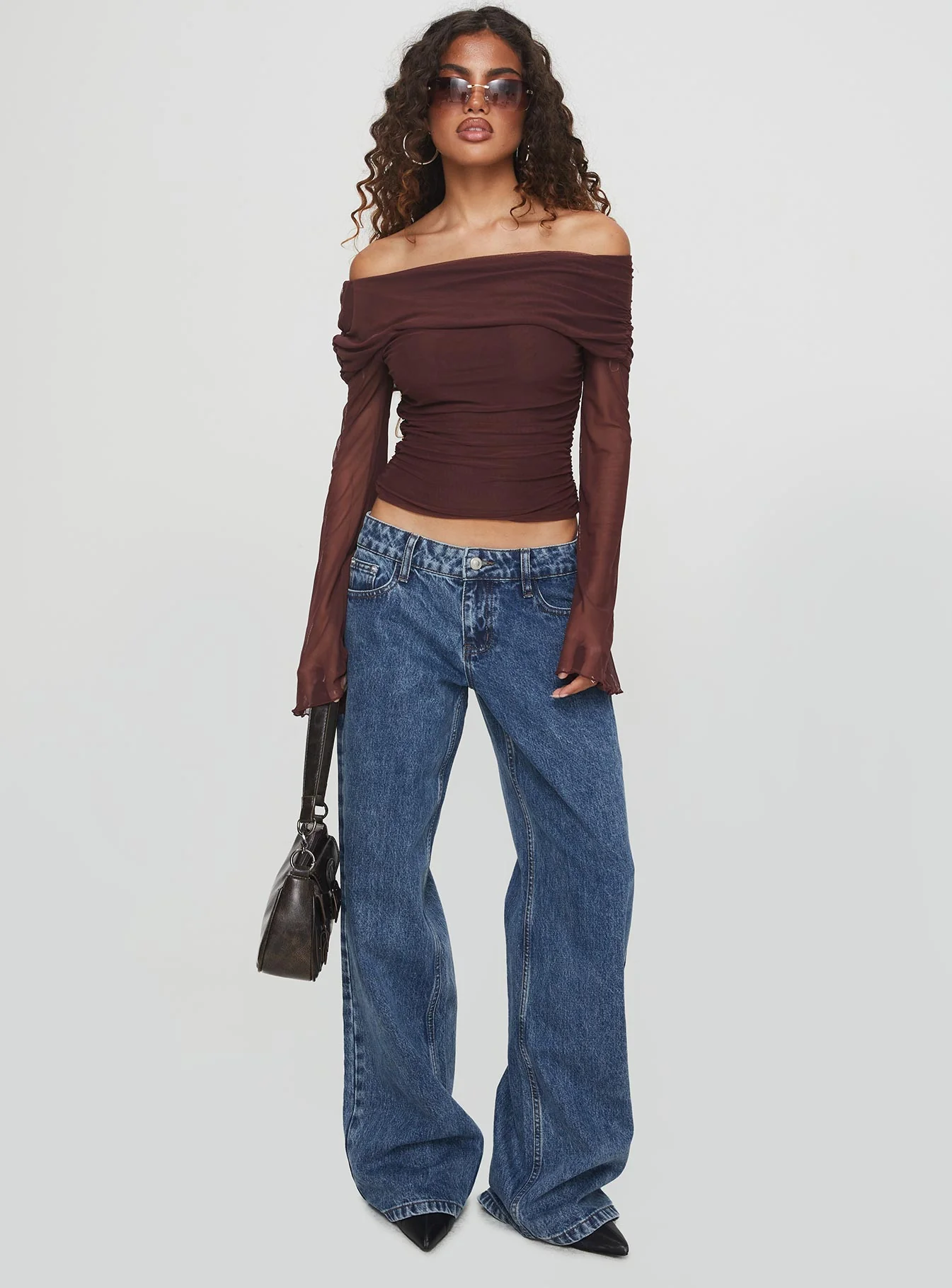 Serenah Mesh Off The Shoulder Top Brown - Image 3